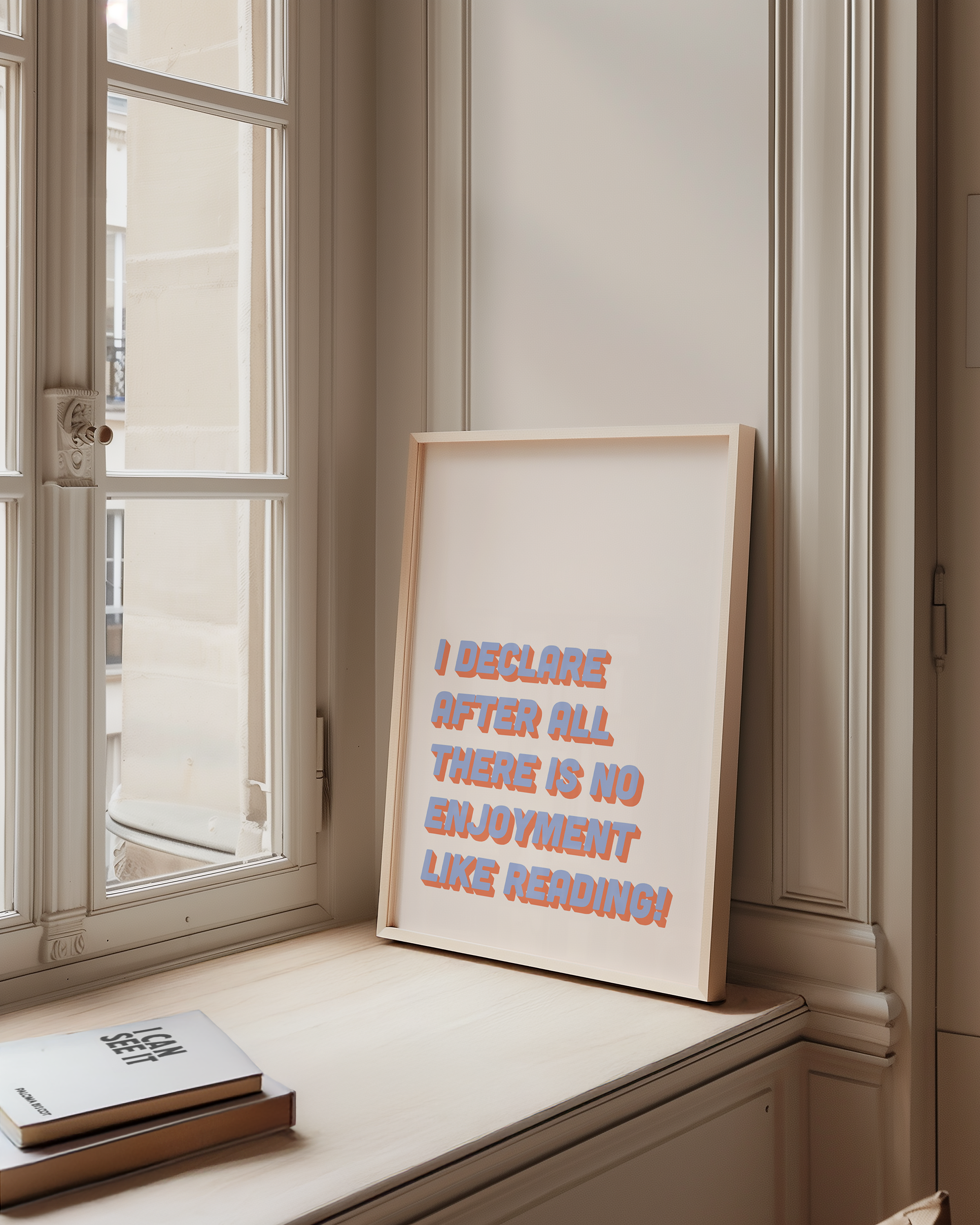 Bold Dopamine decor print poster jane eyre quote “I declare after all there is no enjoyment like reading.” in two tone retro font blue and red