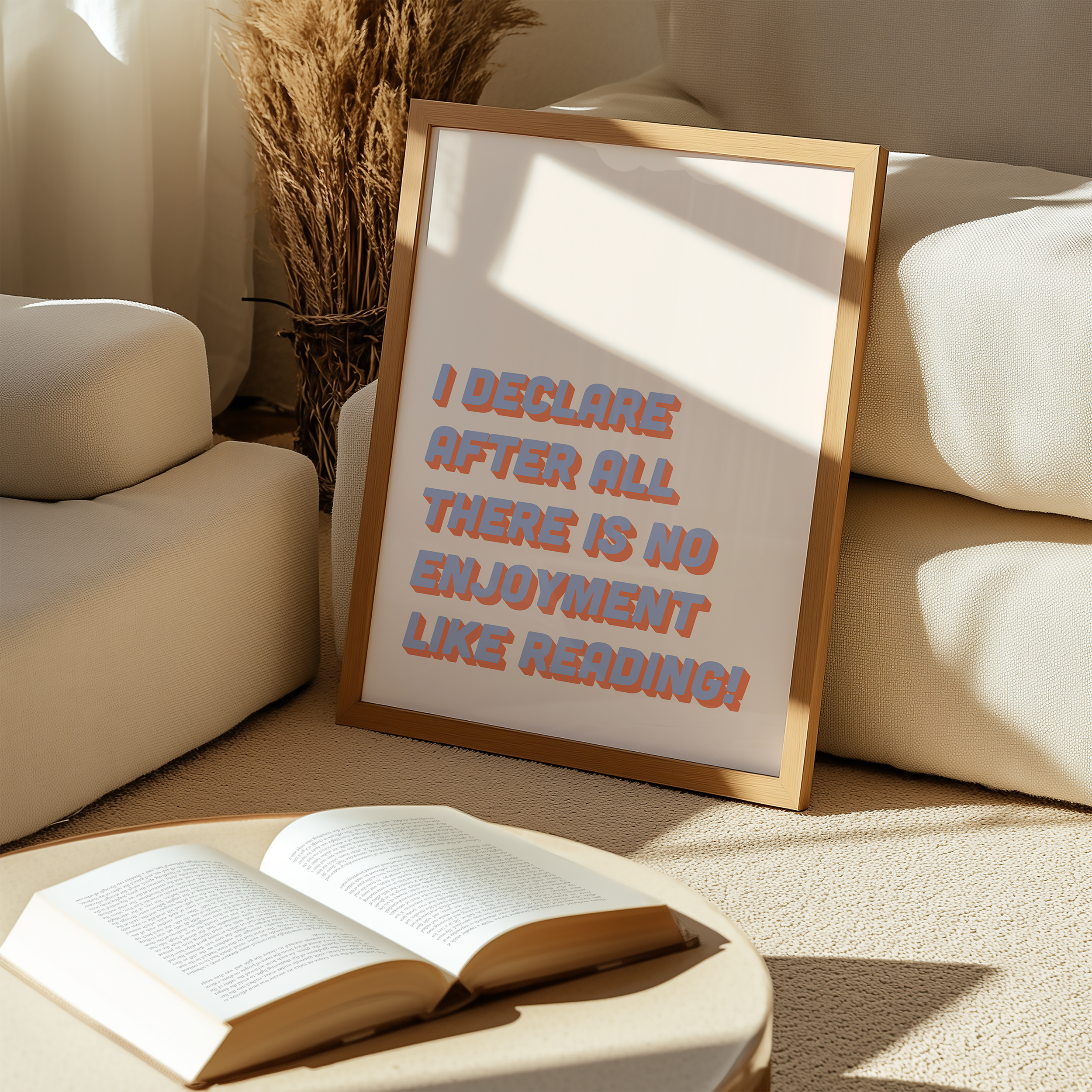 Bold Dopamine decor print poster jane eyre quote “I declare after all there is no enjoyment like reading.” in two tone retro font blue and red