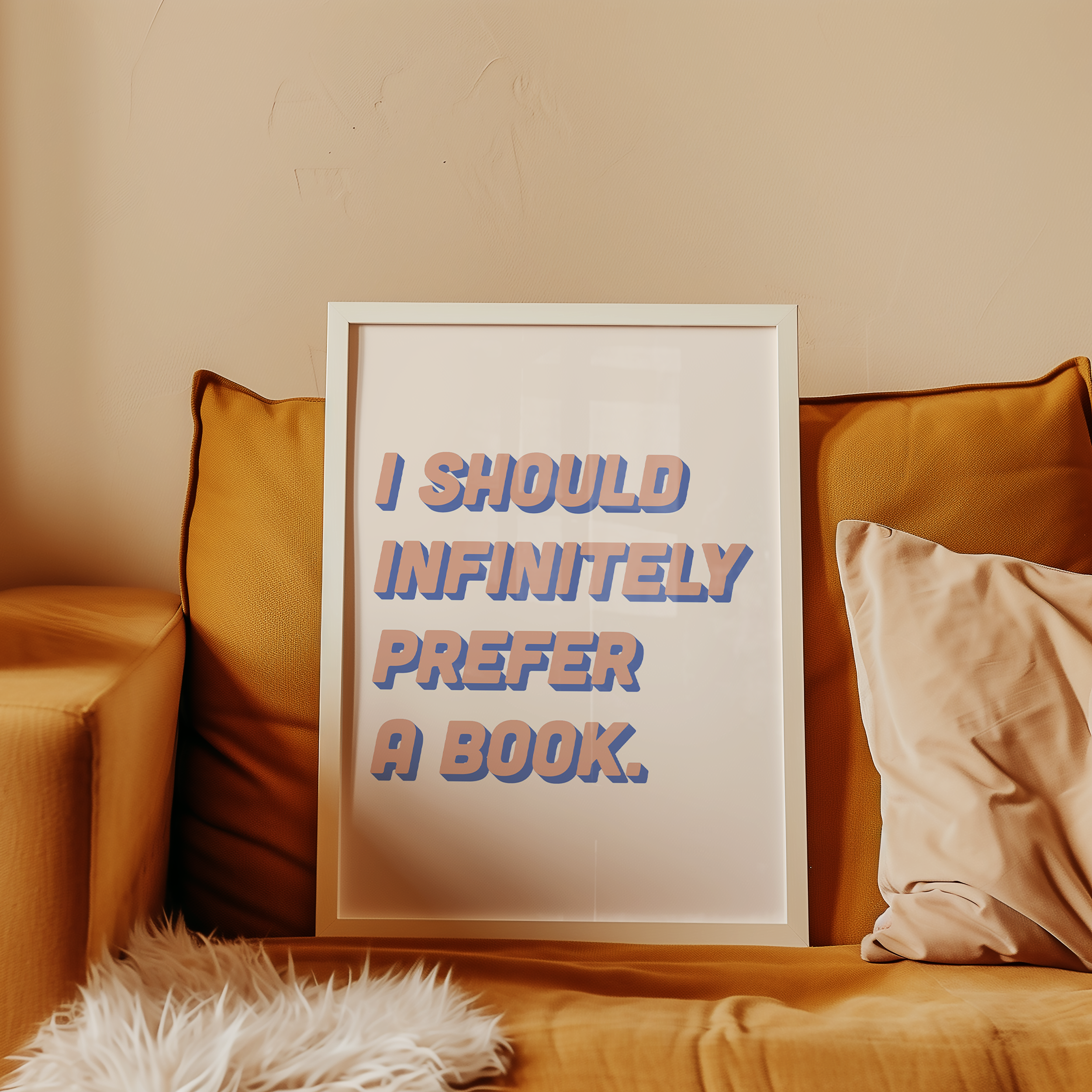 Bold dopamine decor quote print poster, “I should infinitely prefer a book.” Jane Eyre quote. retro two tone font pink and blue