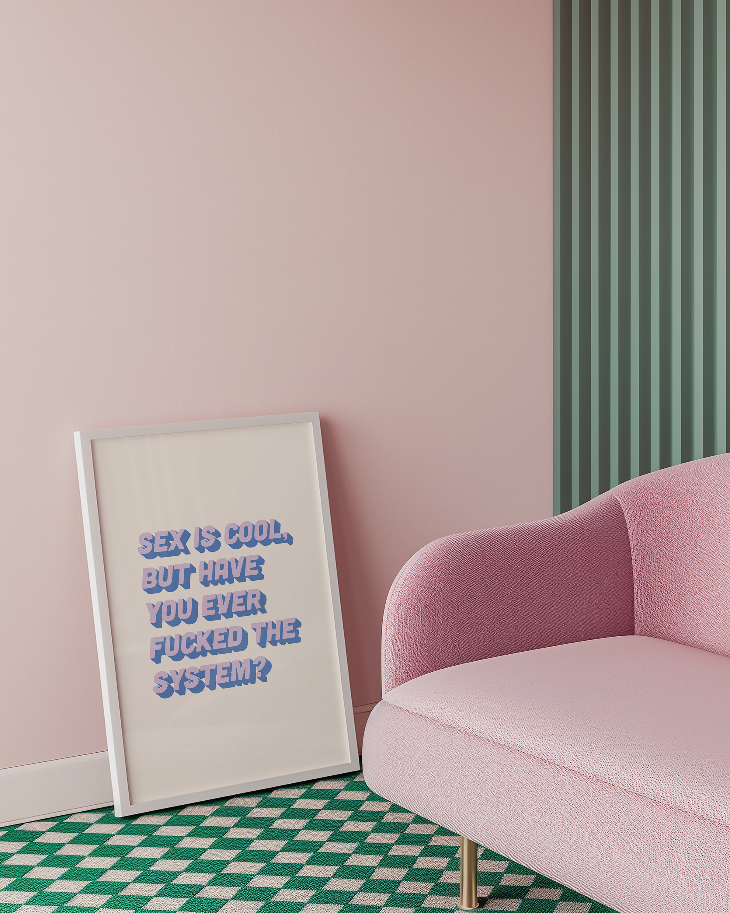 Bold dopamine decor feminist print poster that says "Sex is Cool But Have You Ever Fucked the System?" in retro two tone font in blue.