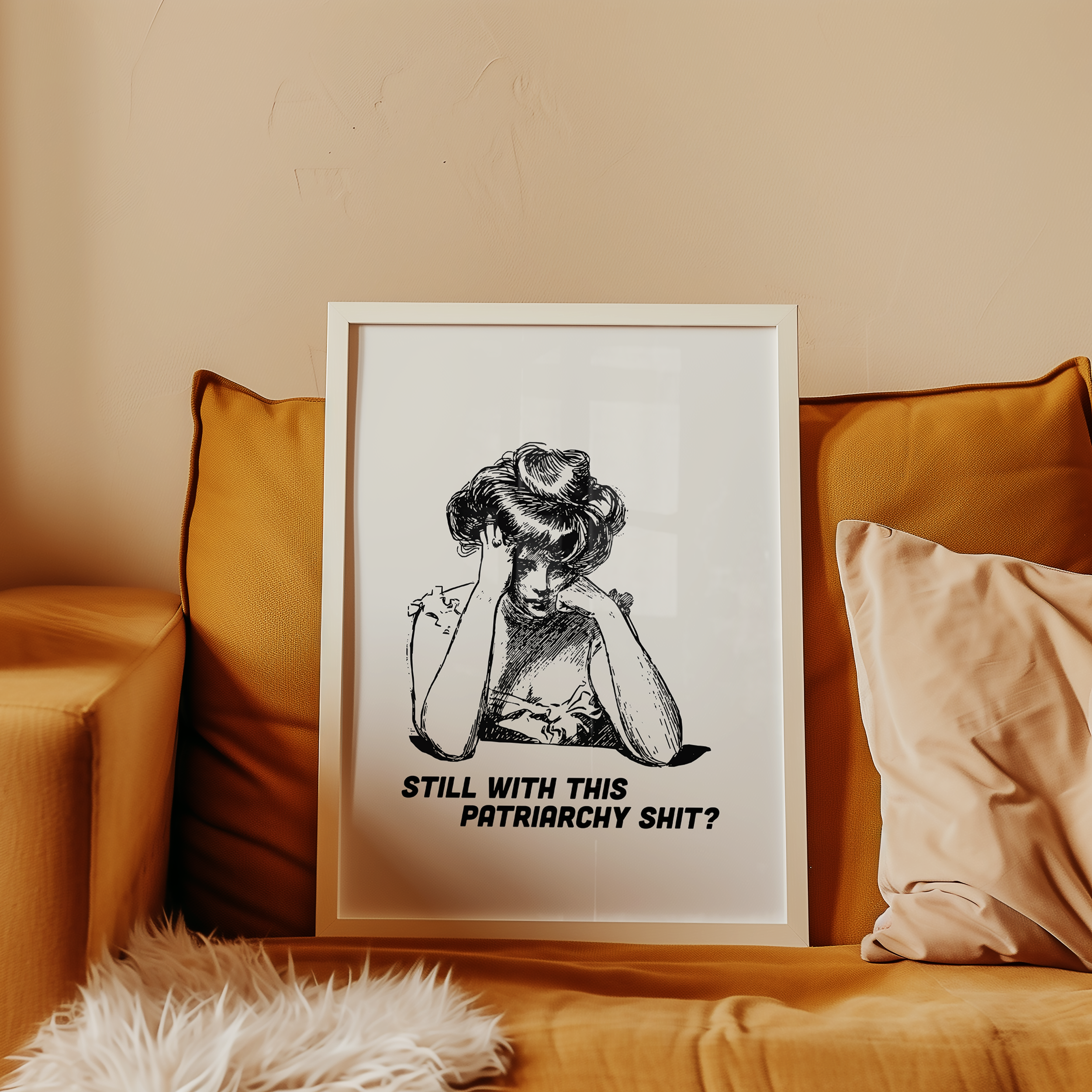 Black and White print of a bored looking Edwardian woman that says "Still with this Patriarchy shit?" Funny feminist print. Witty sassy dopamine decor poster.