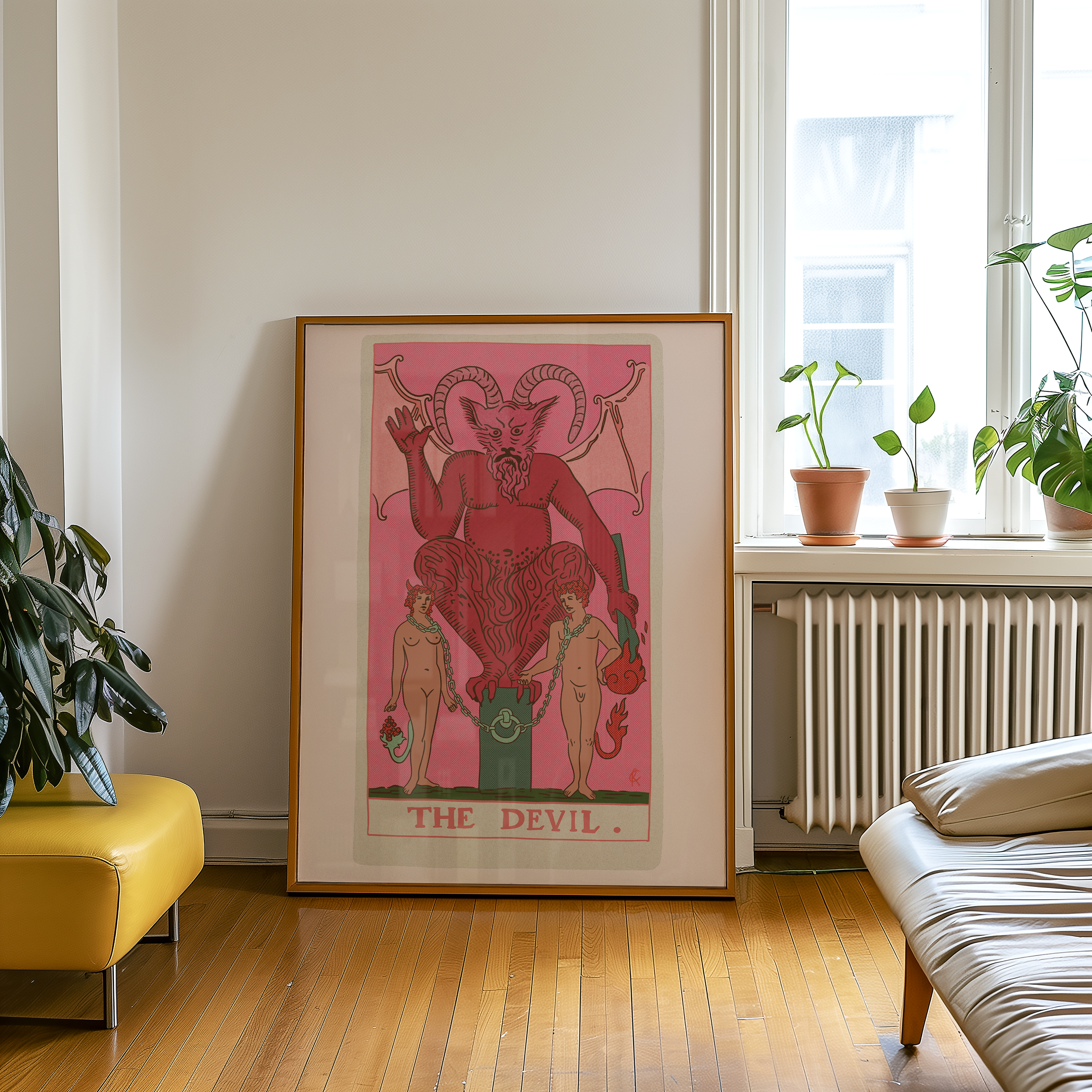 The Devil tarot card print, feminine pink witchy spiritual decor poster print.