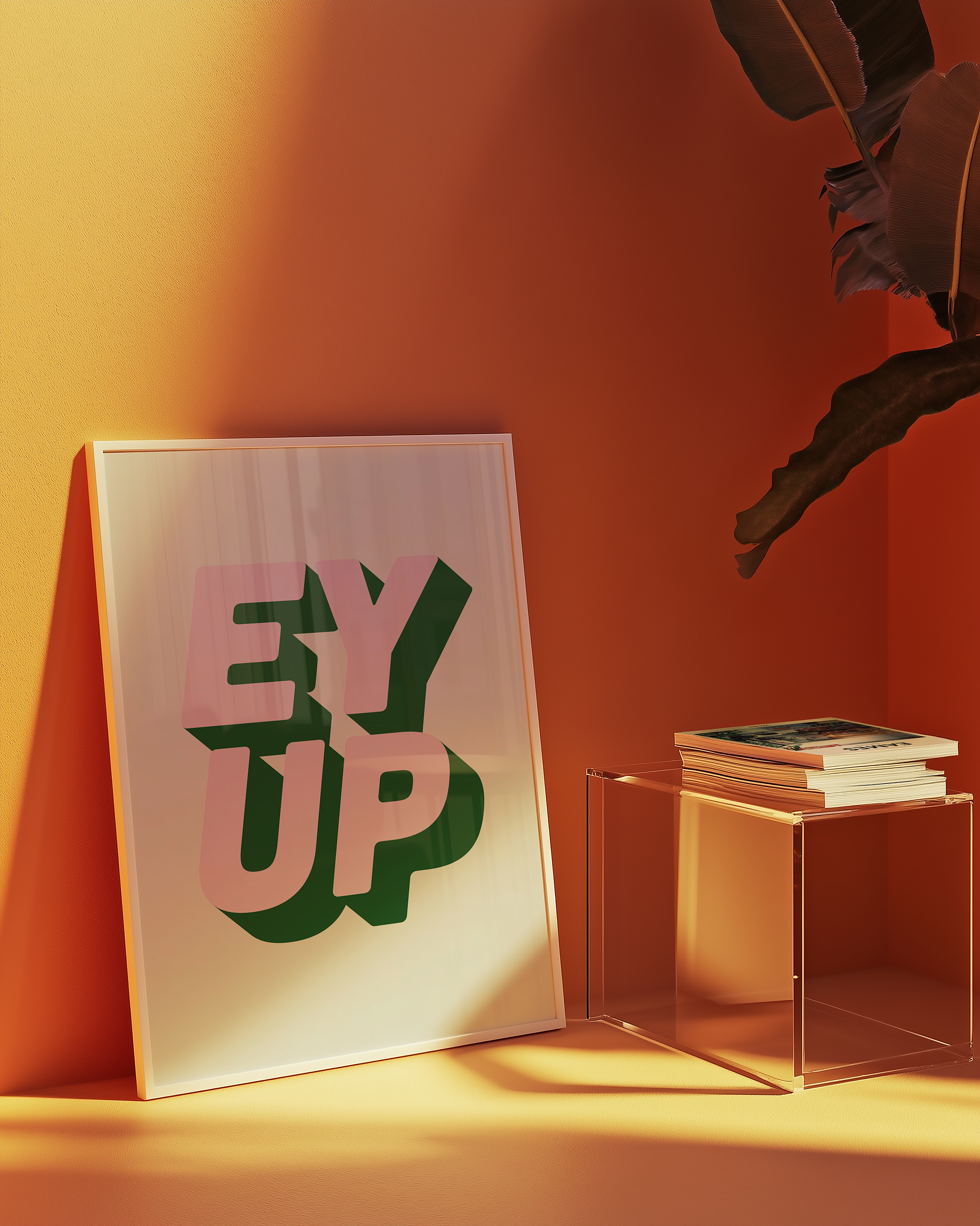 Bold quote print poster decor "Ey up". British quote. Yorkshire quote. Dopamine decor. Retro two tone font green and pink.