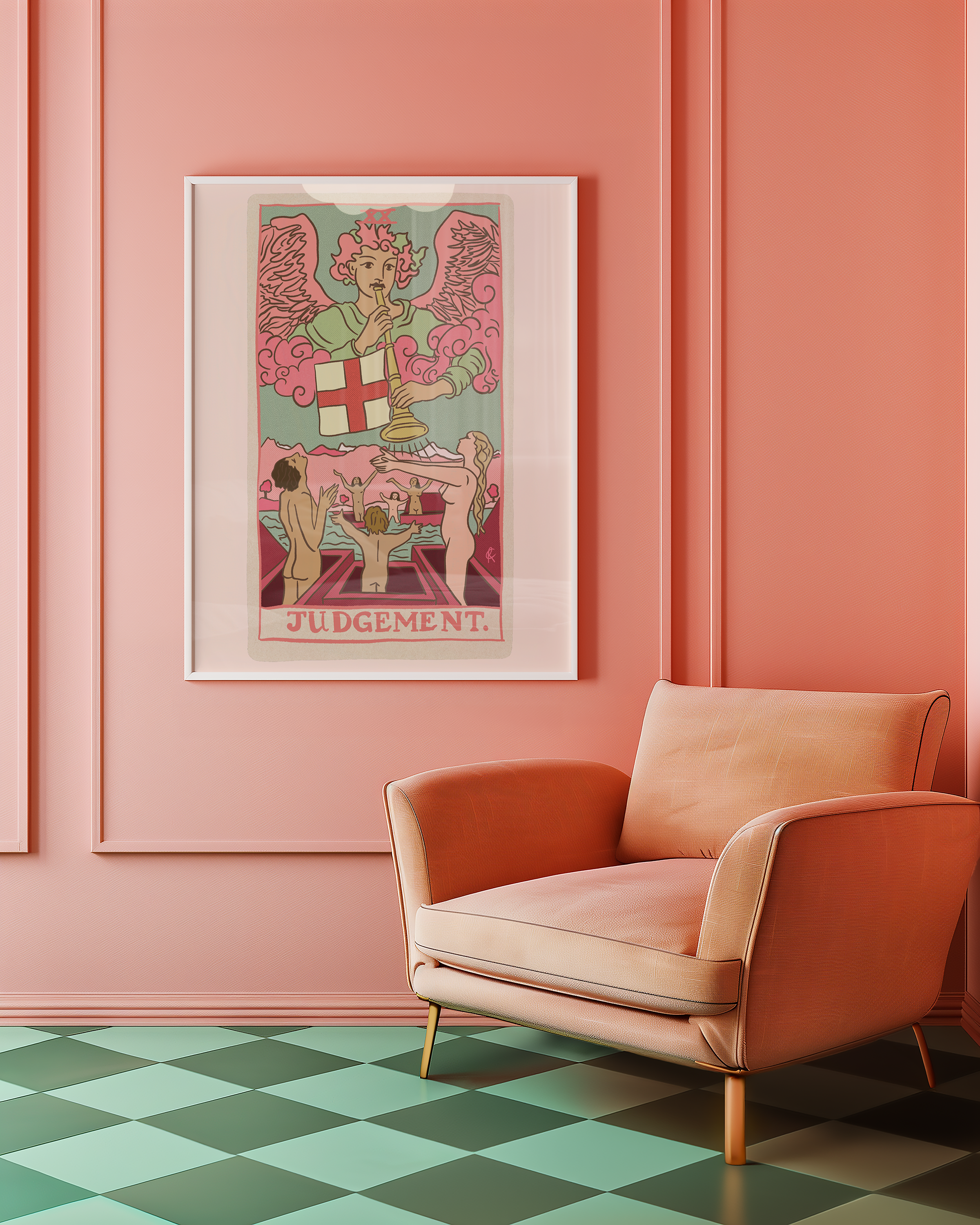 Judgement tarot card print, feminine pink witchy spiritual decor poster print.