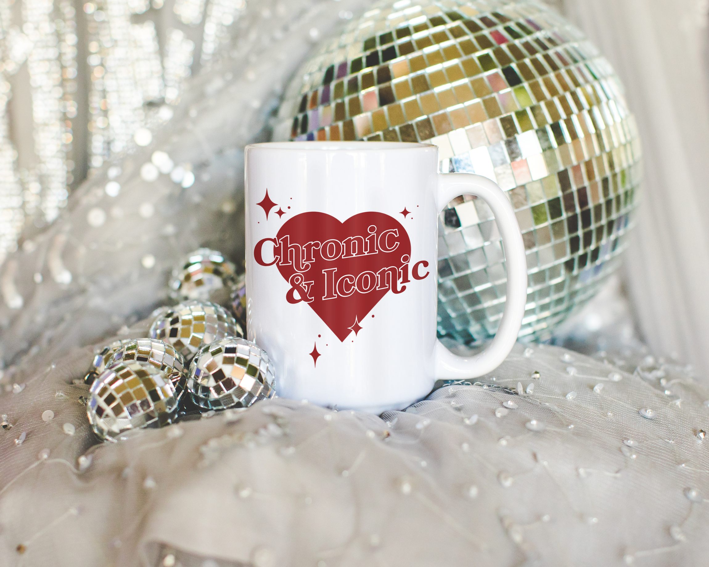 Sassy dopamine decor White coffee mug that says "chronic & iconic" in a retro vintage style heart that's red with a retro font.. Available in 11oz and 15oz