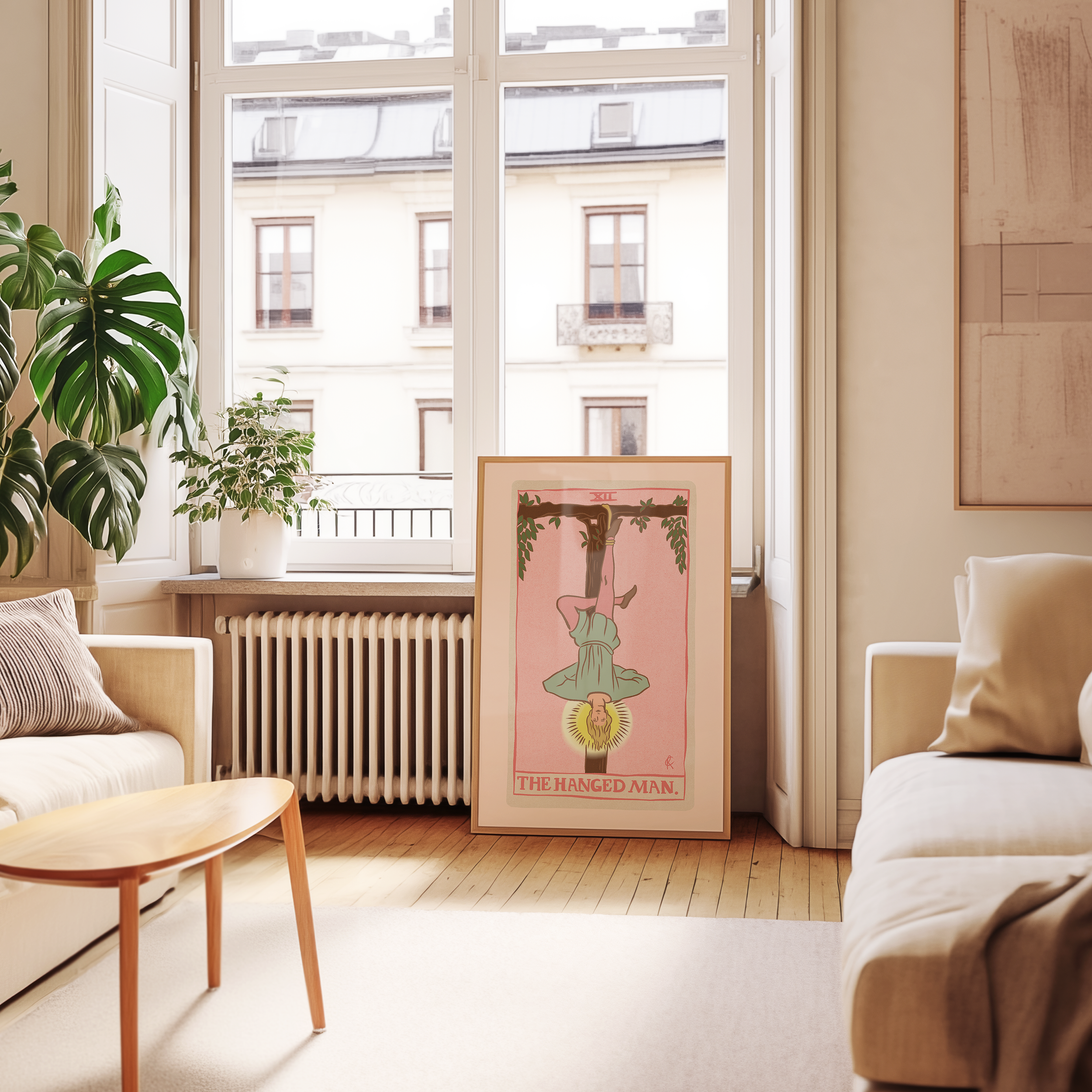 The Hanged man tarot card print, feminine pink witchy spiritual decor poster print.