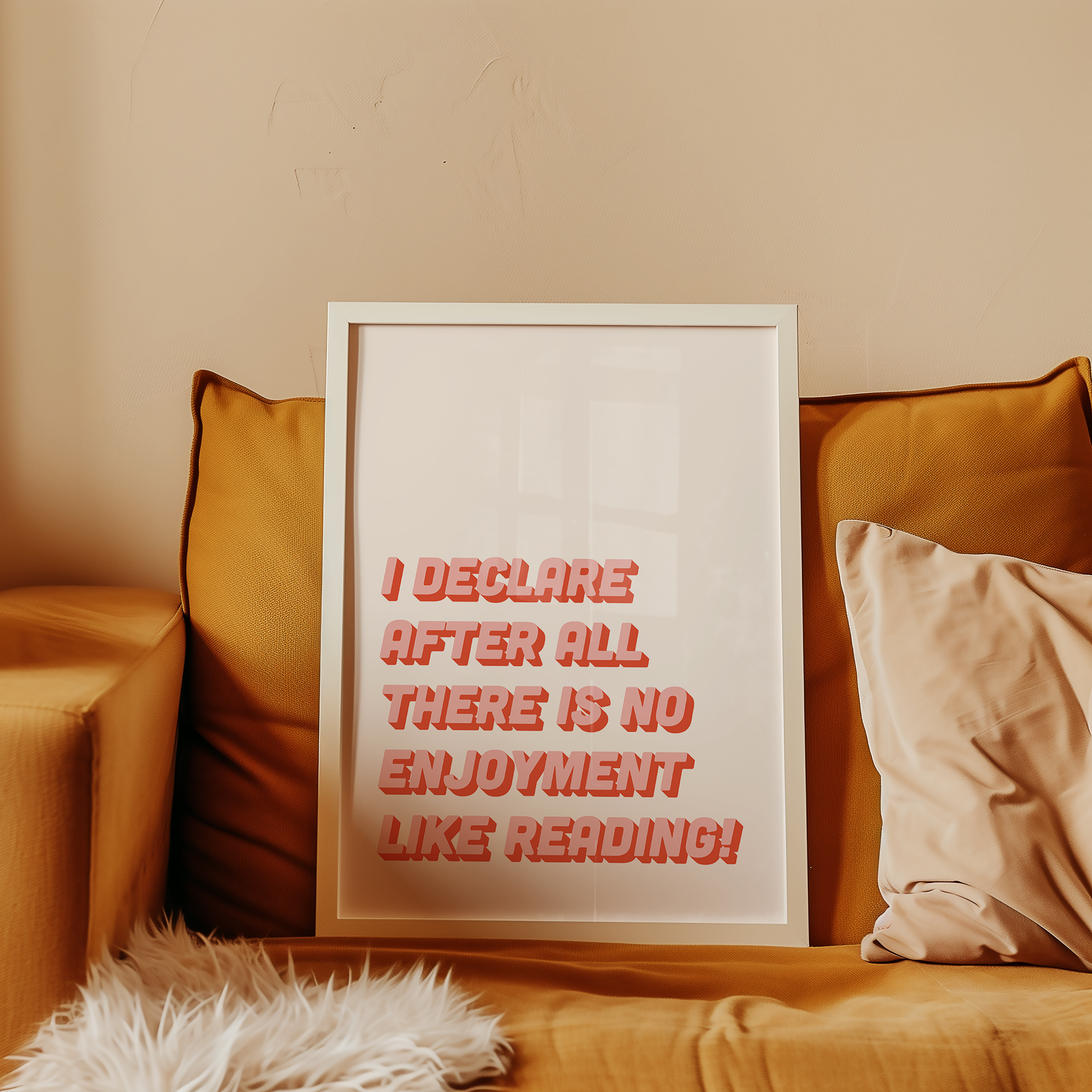 Bold Dopamine decor print poster jane eyre quote “I declare after all there is no enjoyment like reading.” in two tone retro font pink and red