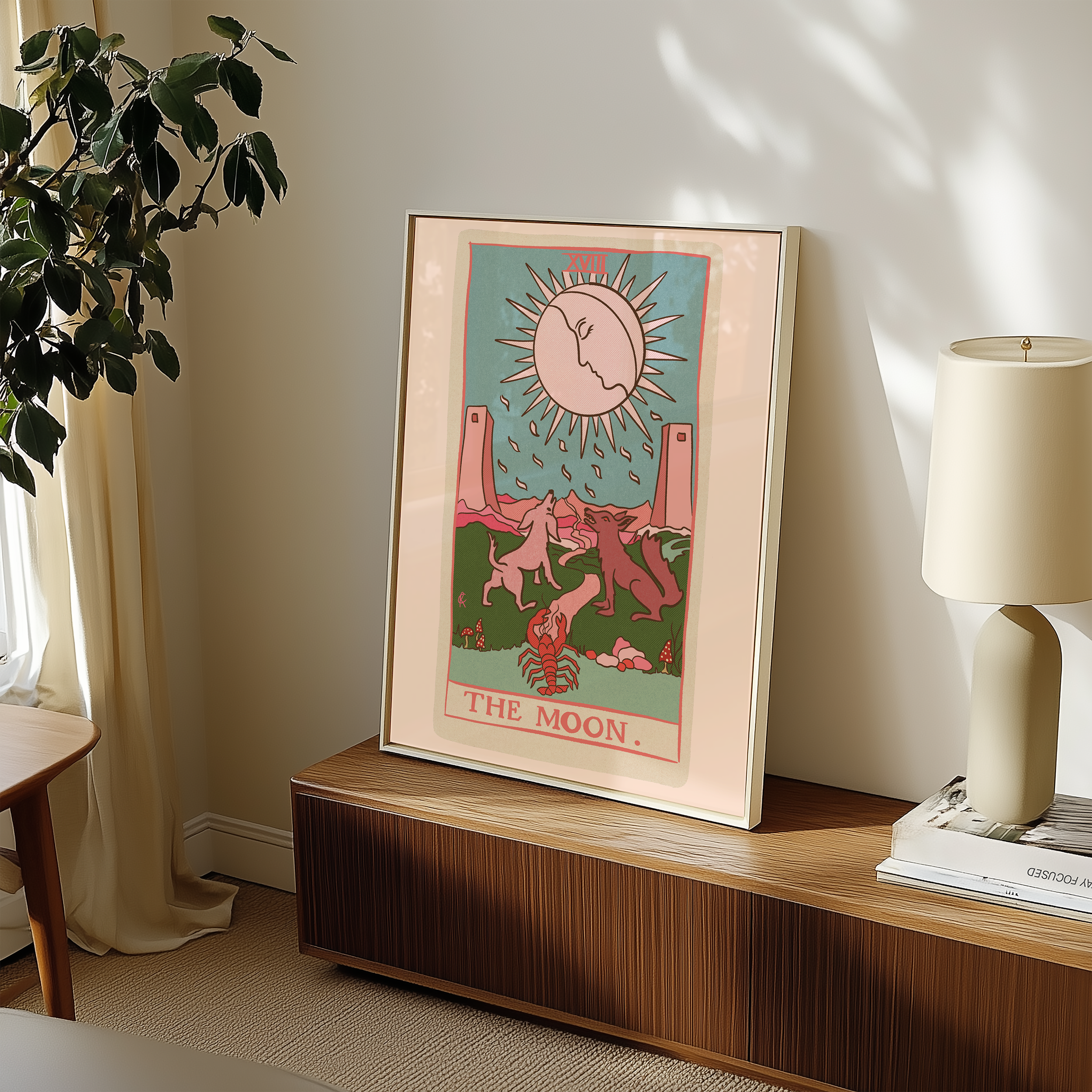 The Moon tarot card print, feminine pink witchy spiritual decor poster print.