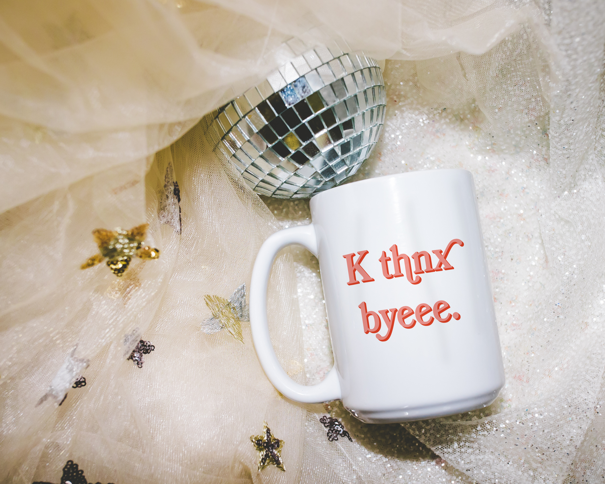 Sassy dopamine decor White coffee mug that says "K thnx byeee" in a retro vintage font that's pink. Available in 11oz and 15oz