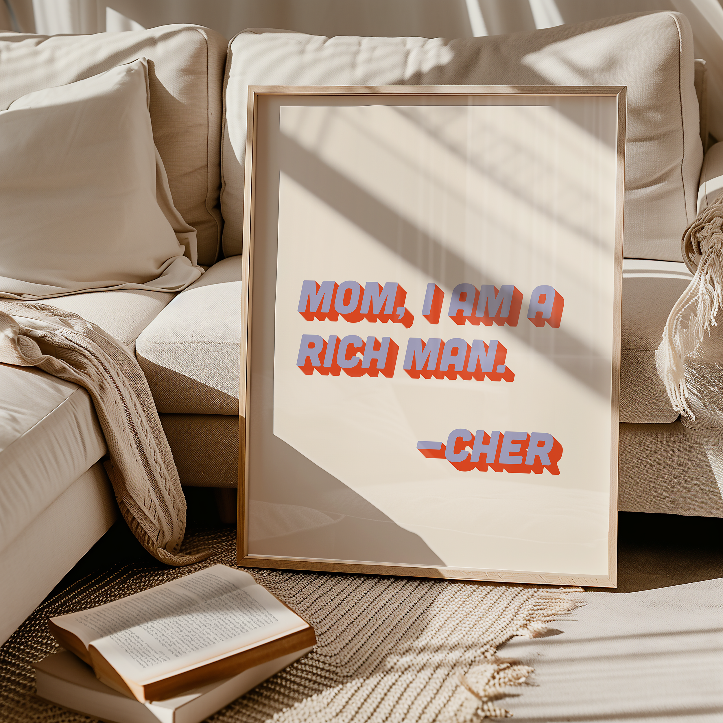 Cher quote print poster "Mom I Am a Rich Man" in two tone retro blue and red font