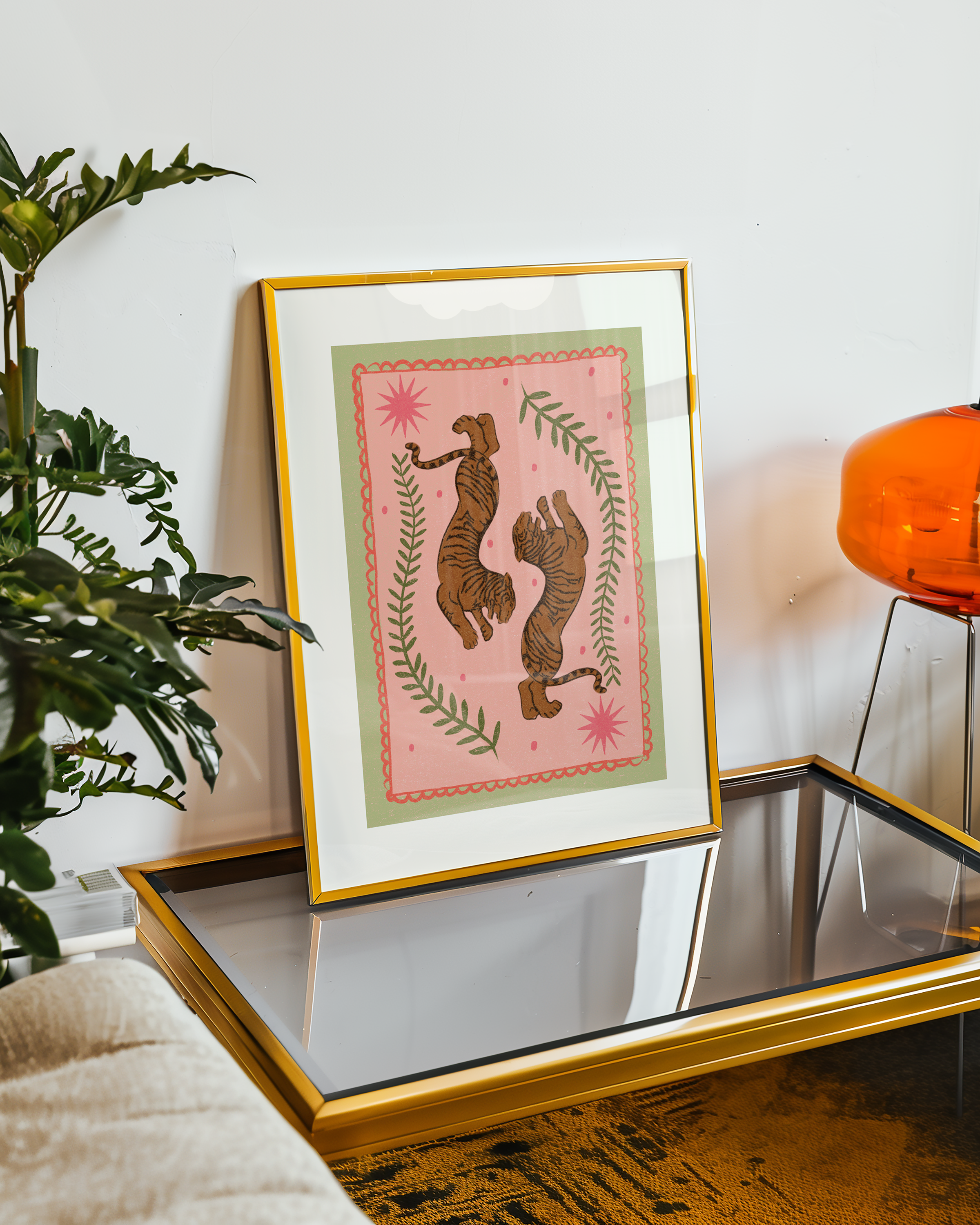 Bold dopamine decor print poster illustration of tigers. Retro style decor. midcentury modern
