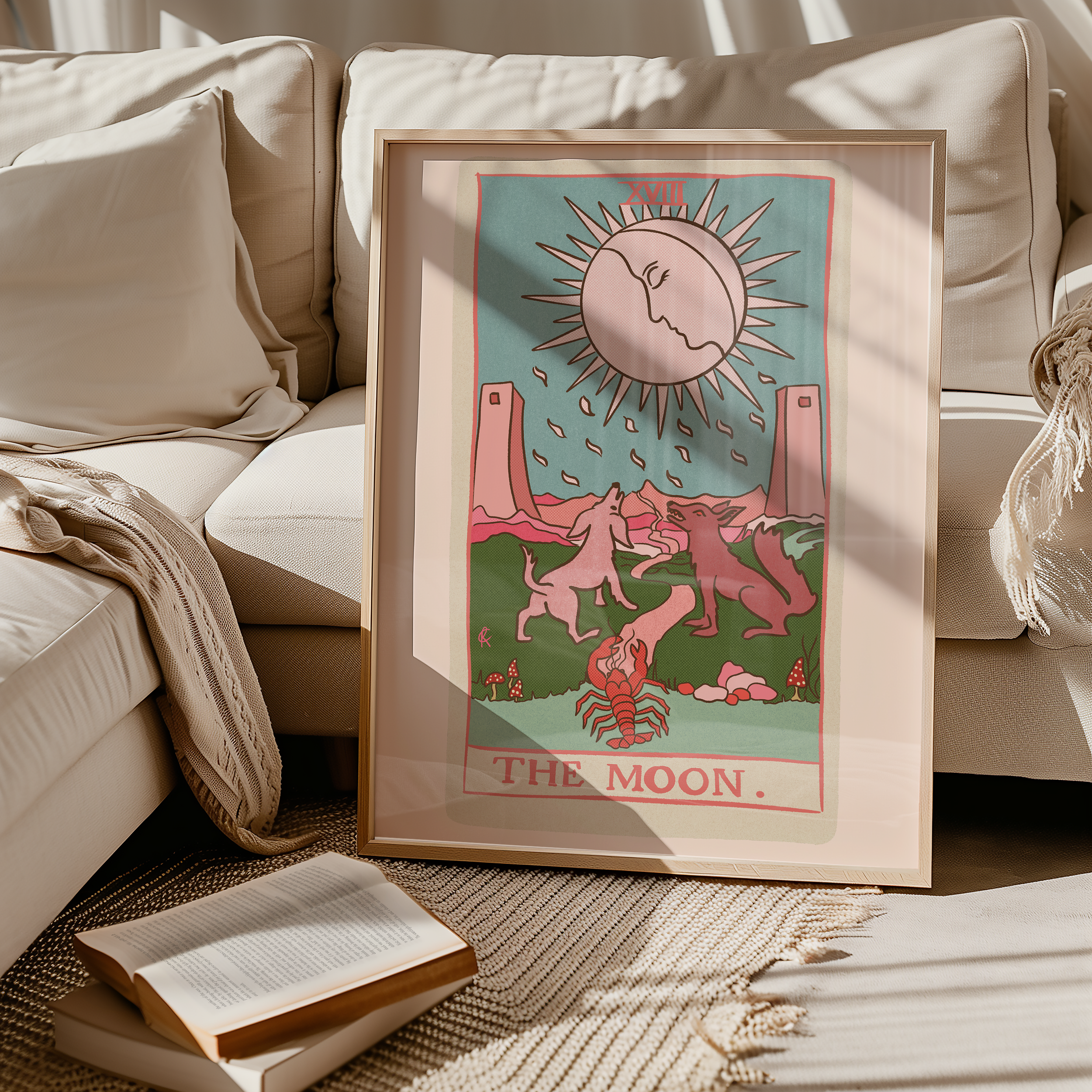 The Moon tarot card print, feminine pink witchy spiritual decor poster print.