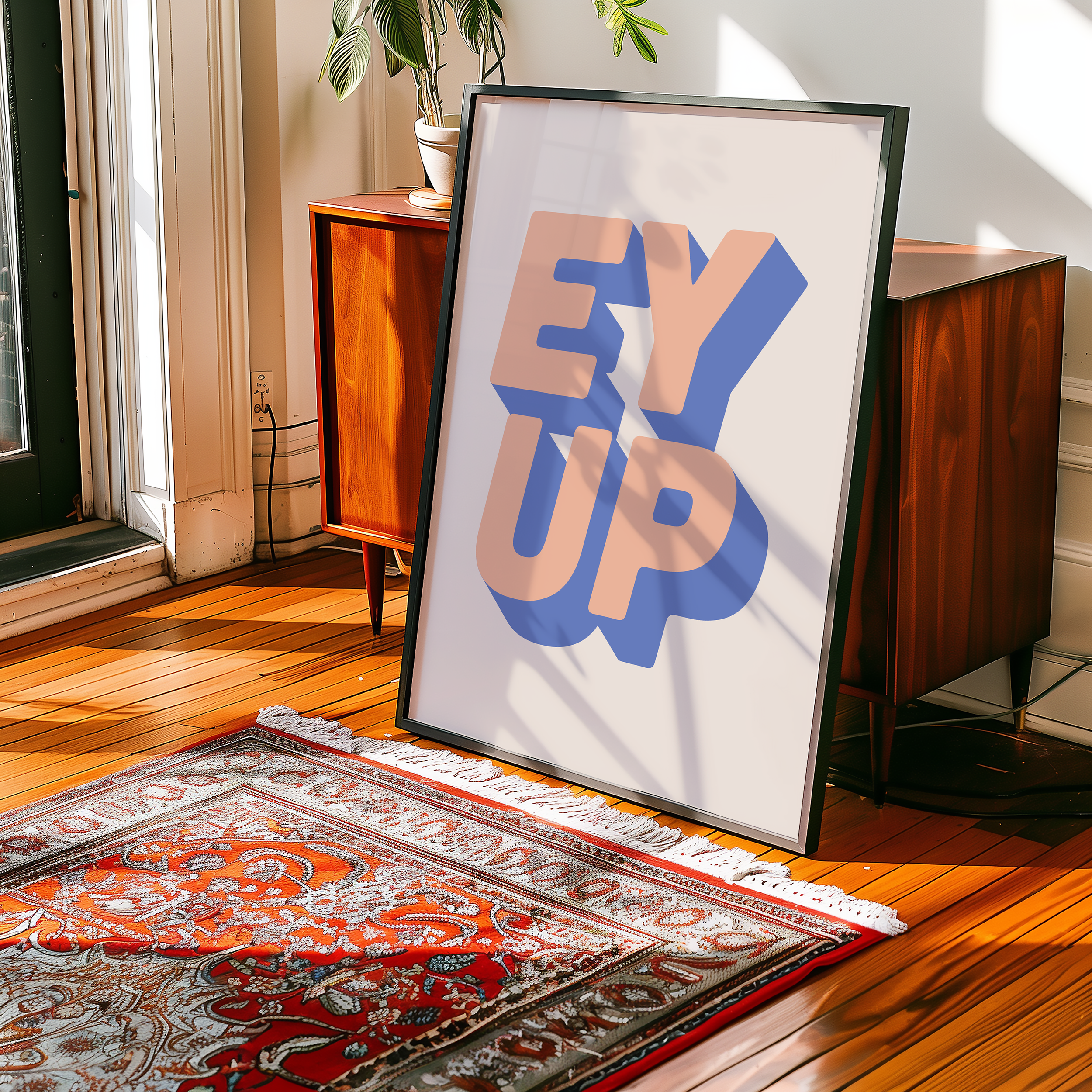 Bold quote print poster decor "Ey up". British quote. Yorkshire quote. Dopamine decor. Retro two tone font pink and blue