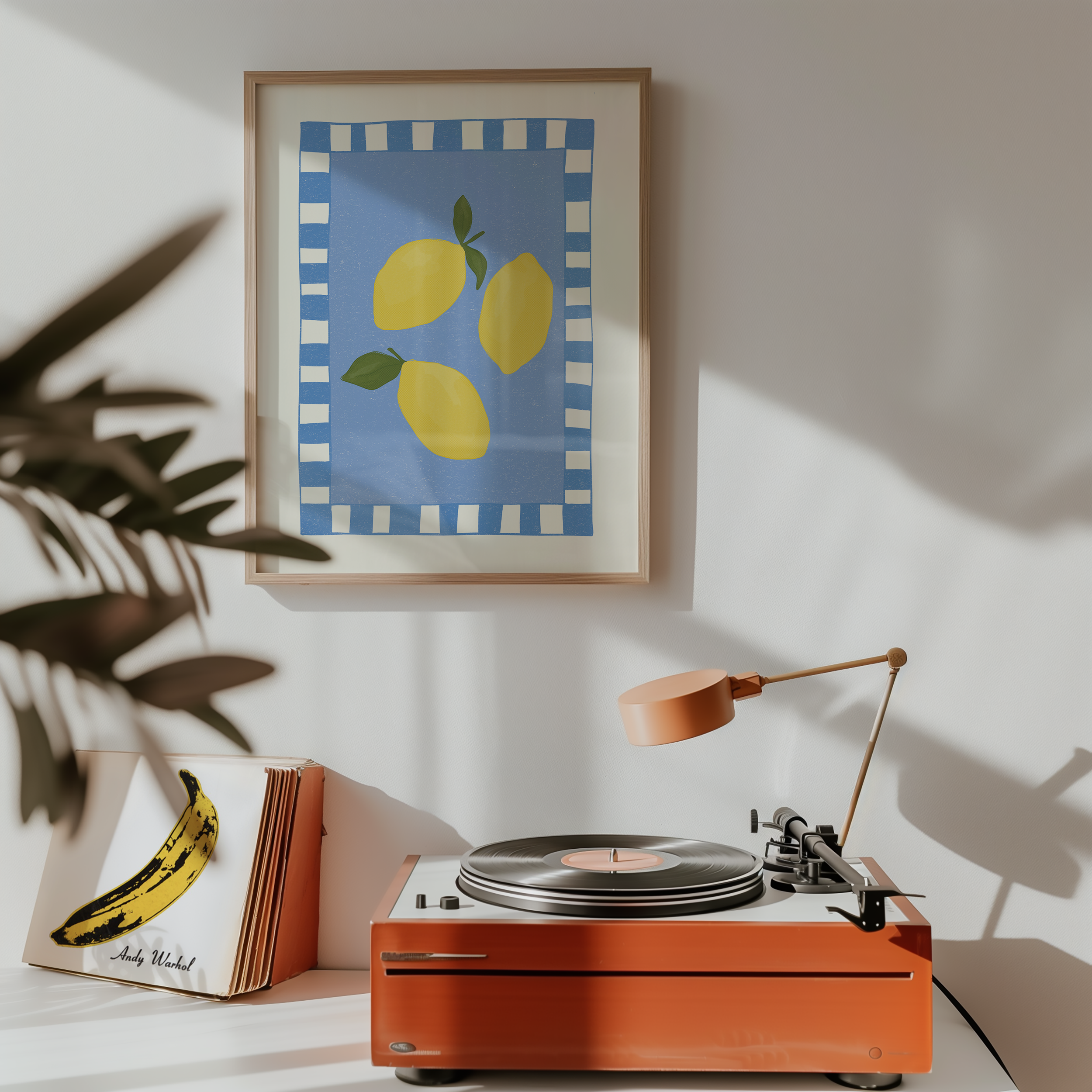 Bold dopamine decor print poster of lemons. kitchen poster. Yellow and blue. Mediterranean fee