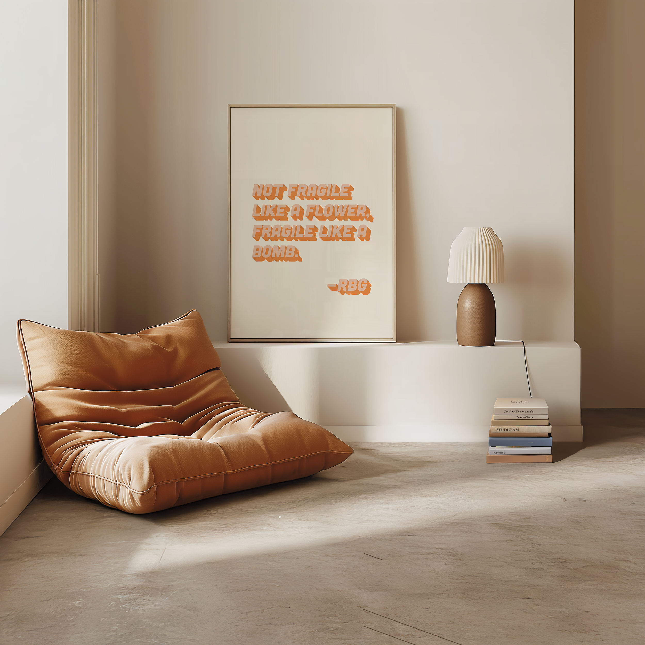 bold dopamine decor ruth bader ginsburg quote print poster "Not Fragile Like a Flower, Fragile Like a Bomb." Feminist print poster. Retro two tone font in orange