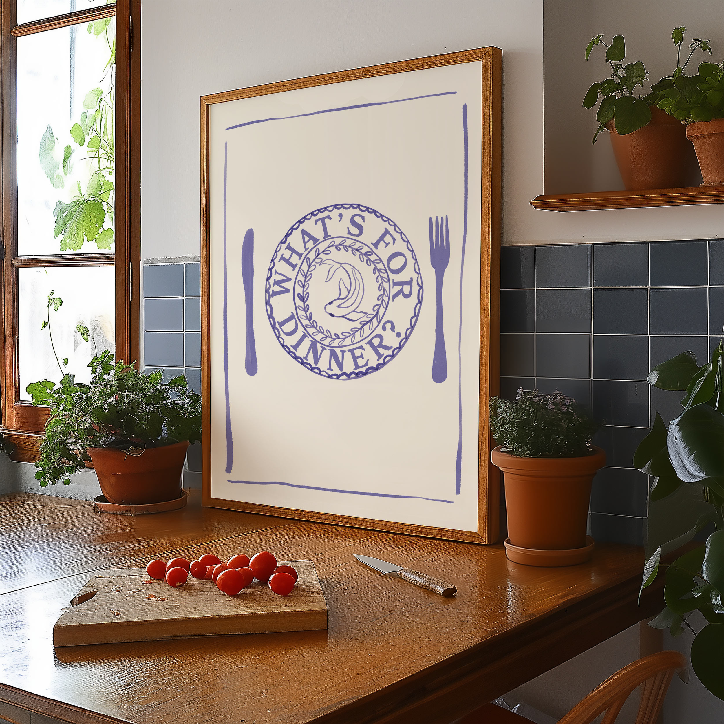 Bold dopamine decor print poster of a dinner place and knife and fork with the phrase "Whats's for dinner?" in watercolour style. kitchen poster. Blue and cream. Food poster print