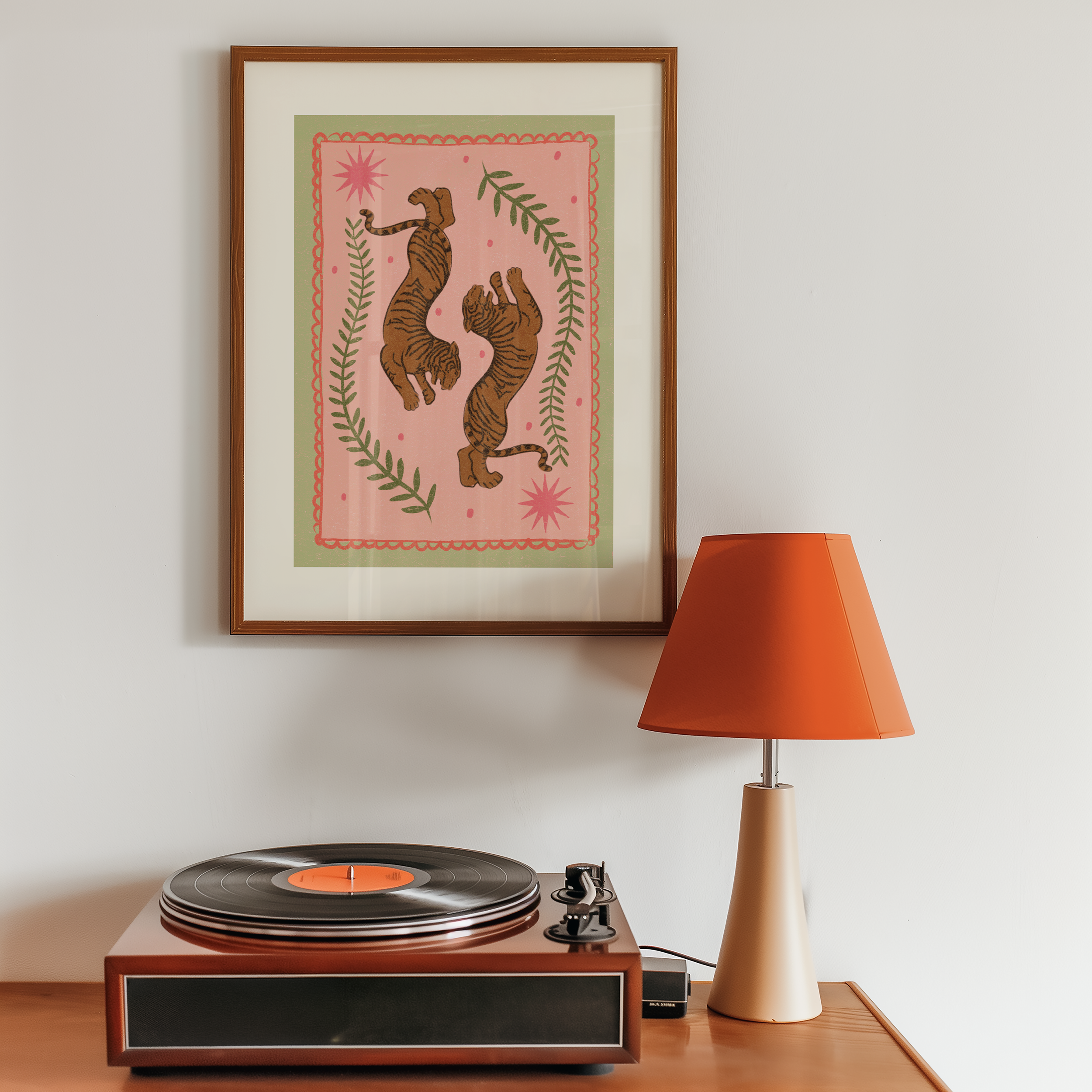 Bold dopamine decor print poster illustration of tigers. Retro style decor. midcentury modern