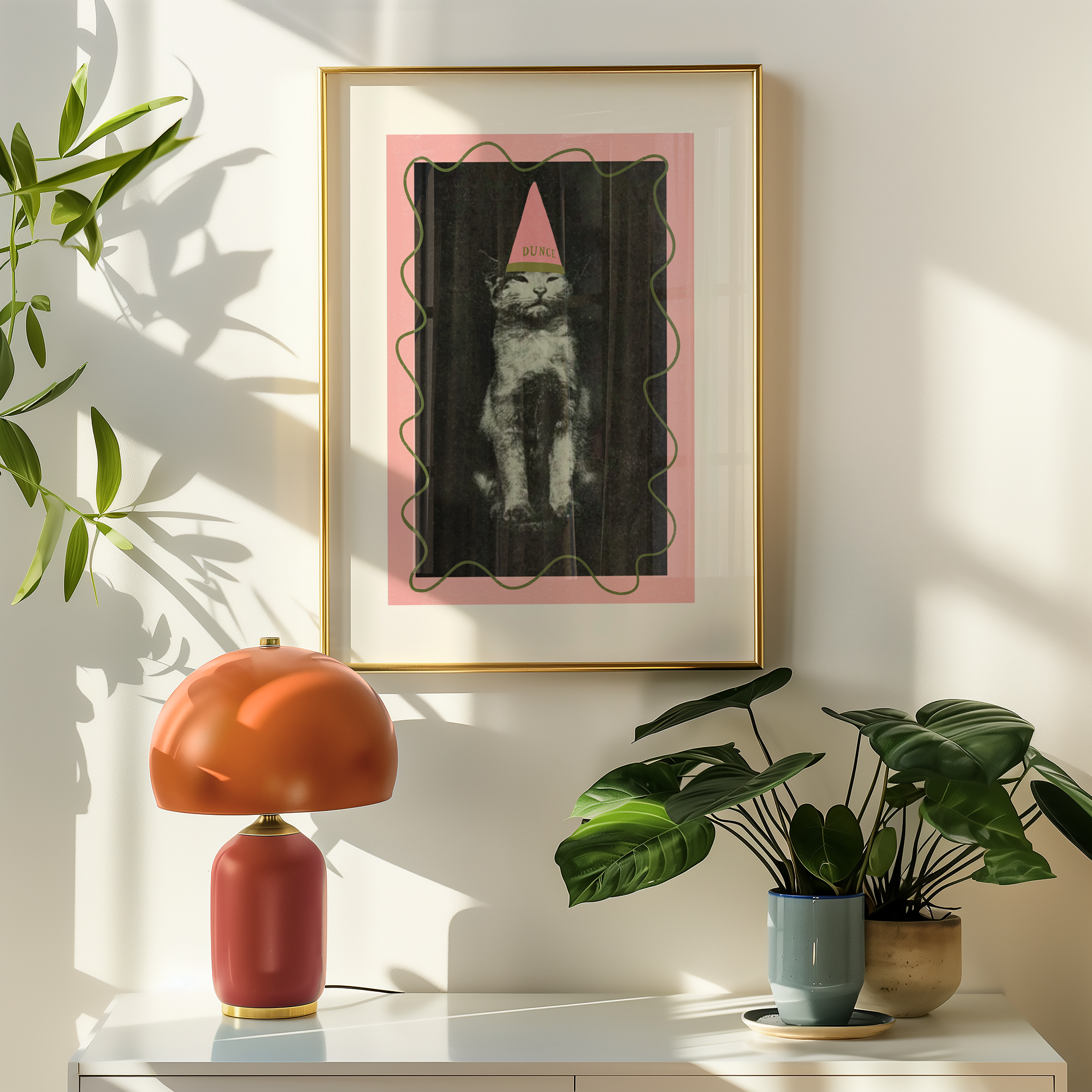 Dopamine decor poster print. Victorian photography pf cat wearing a dunce cat, enhances with modern colour elemants of pink and green