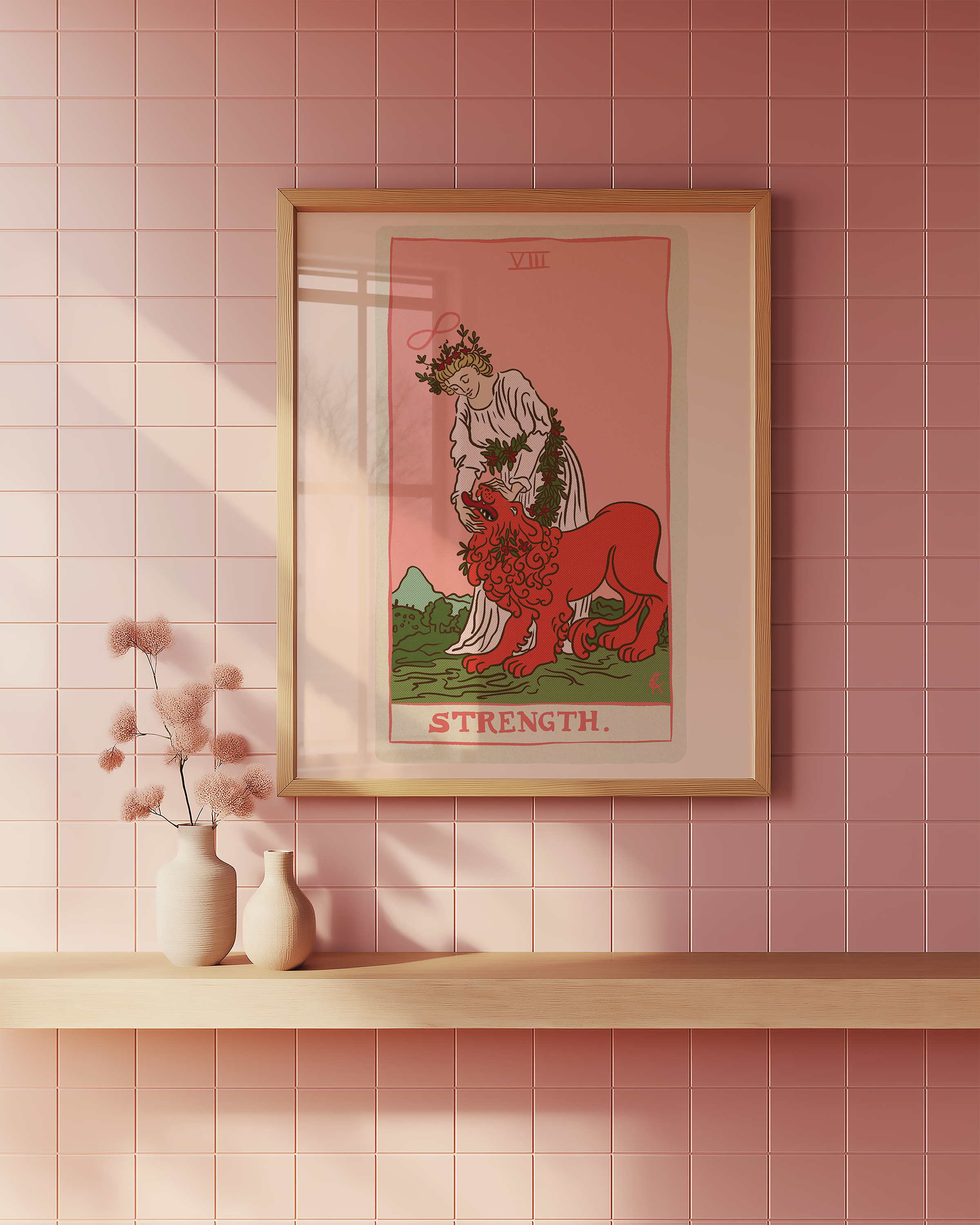 Strength tarot card print, feminine pink witchy spiritual decor poster print.