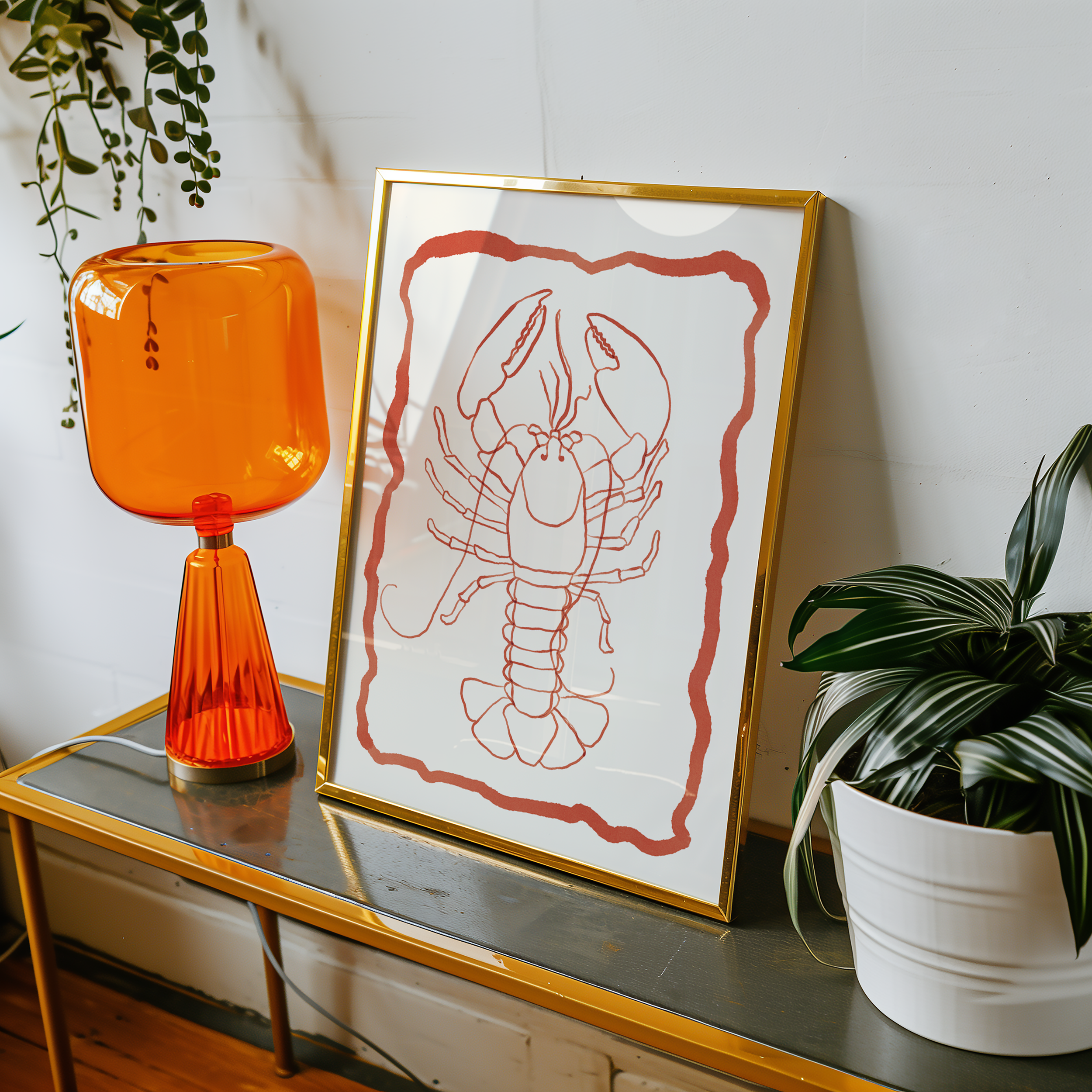 Bold dopamine decor print poster of a lobster in watercolour style. kitchen poster. Red and cream. ocean sea life poster