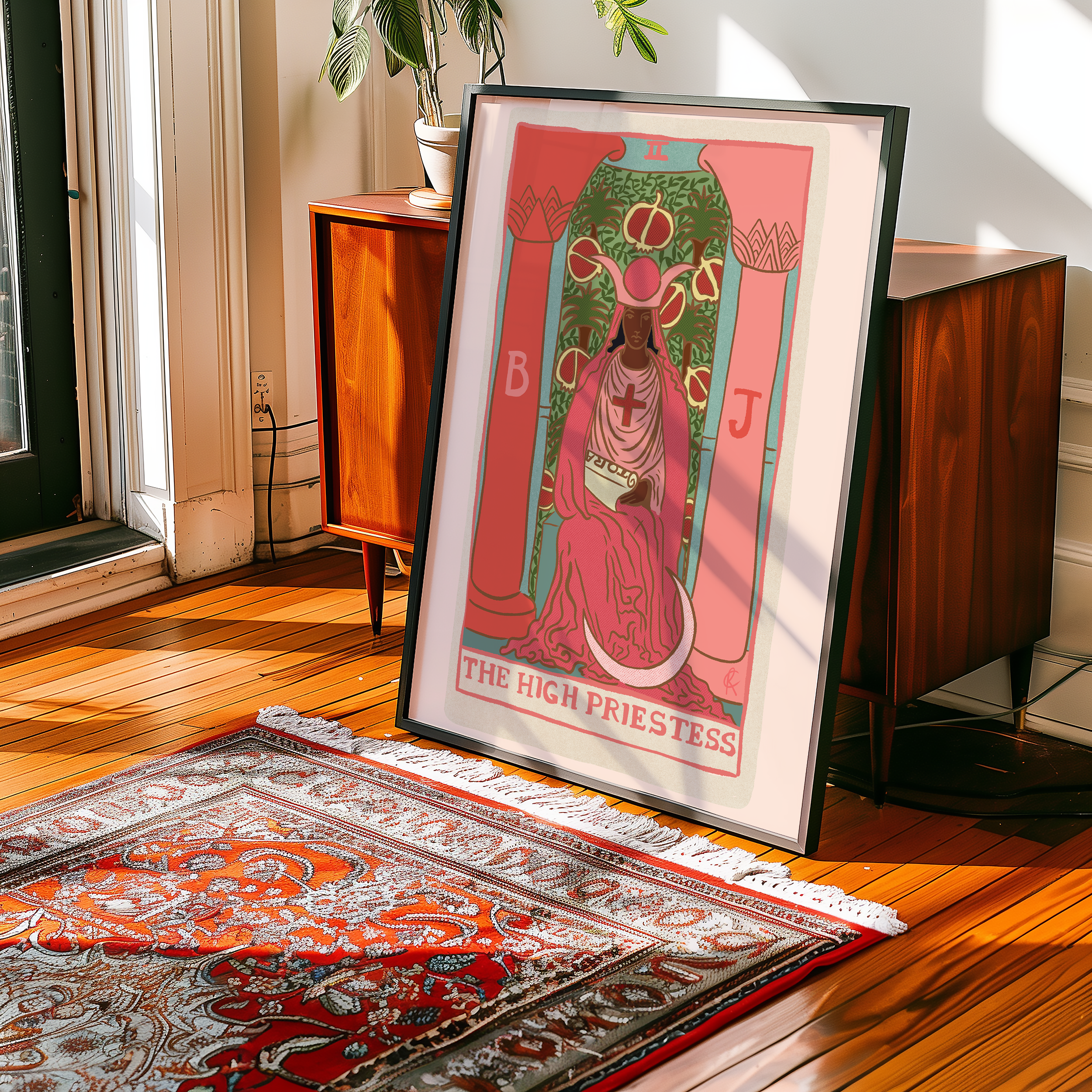 The High Priestess tarot card print, feminine pink witchy spiritual decor poster print.