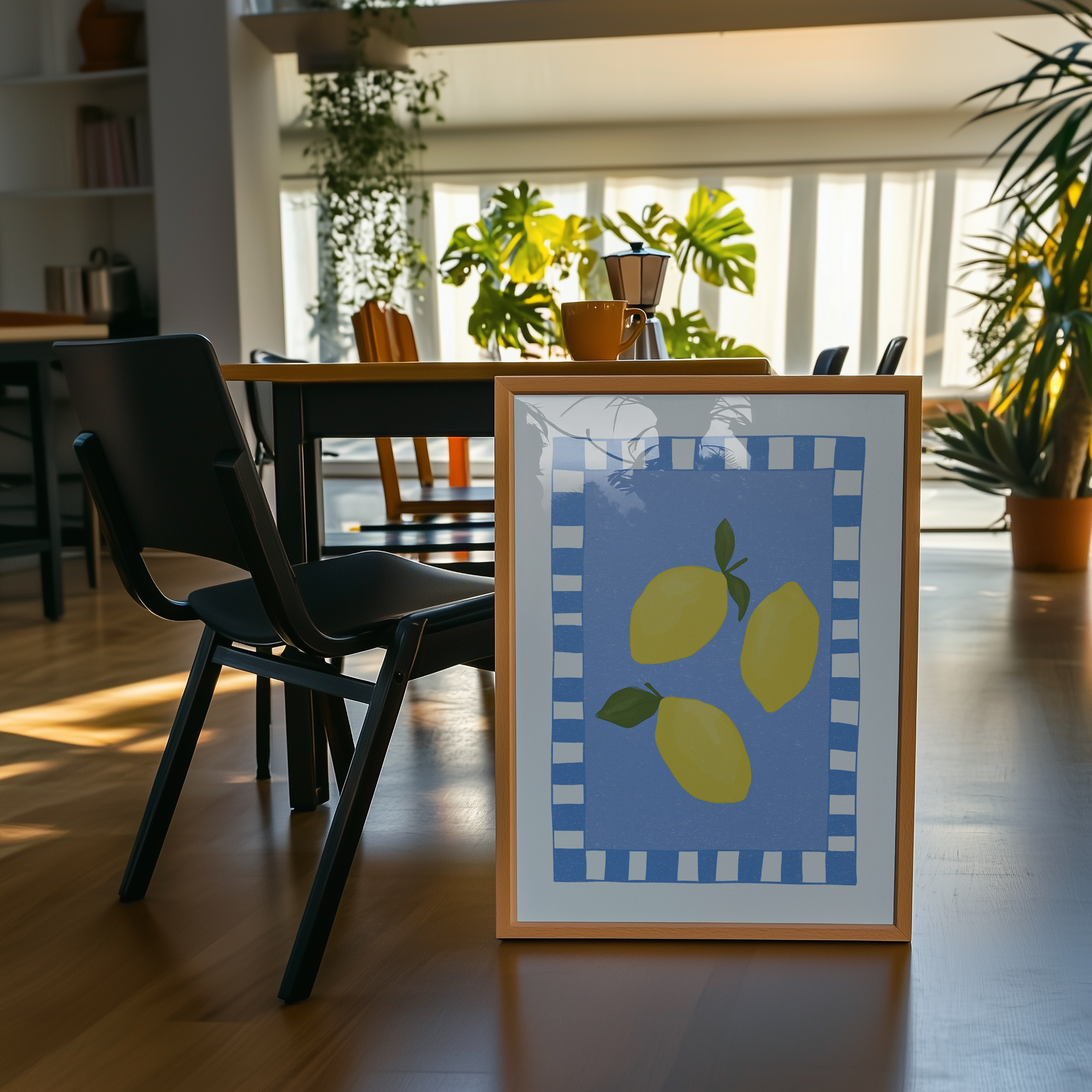 Bold dopamine decor print poster of lemons. kitchen poster. Yellow and blue. Mediterranean fee