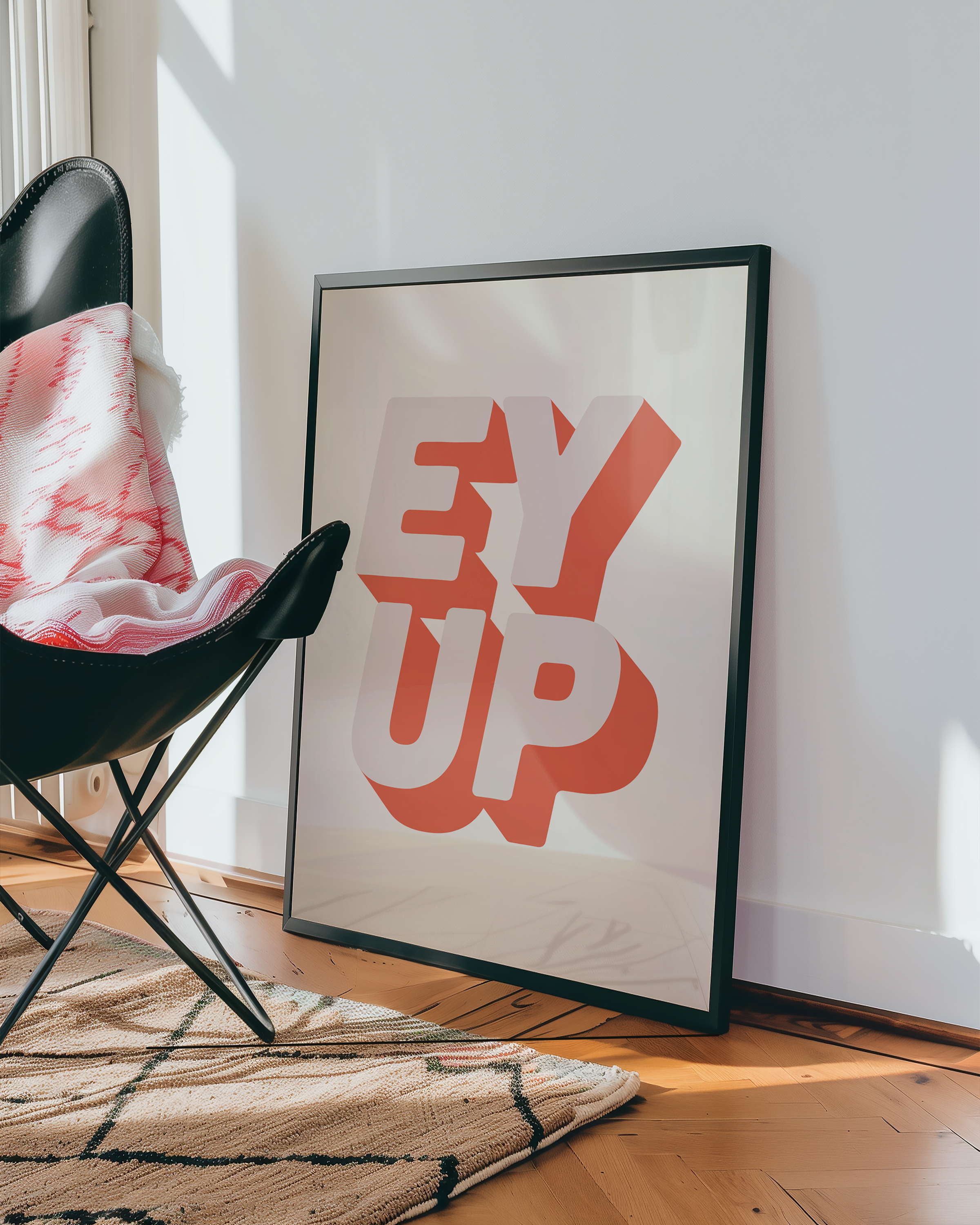 Bold quote print poster decor "Ey up". British quote. Yorkshire quote. Dopamine decor. Retro two tone font cream and pink