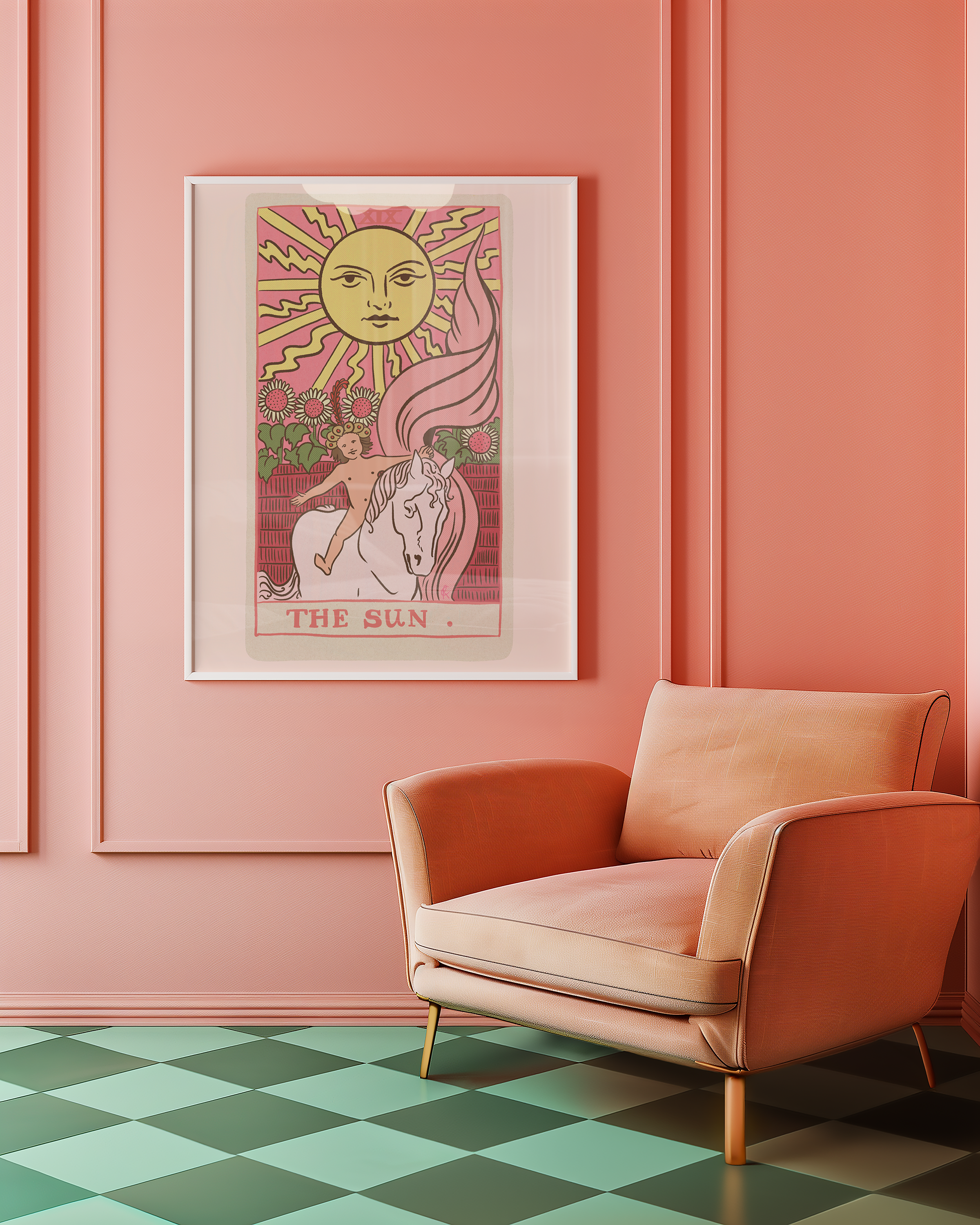 The Sun tarot card print, feminine pink witchy spiritual decor poster print.