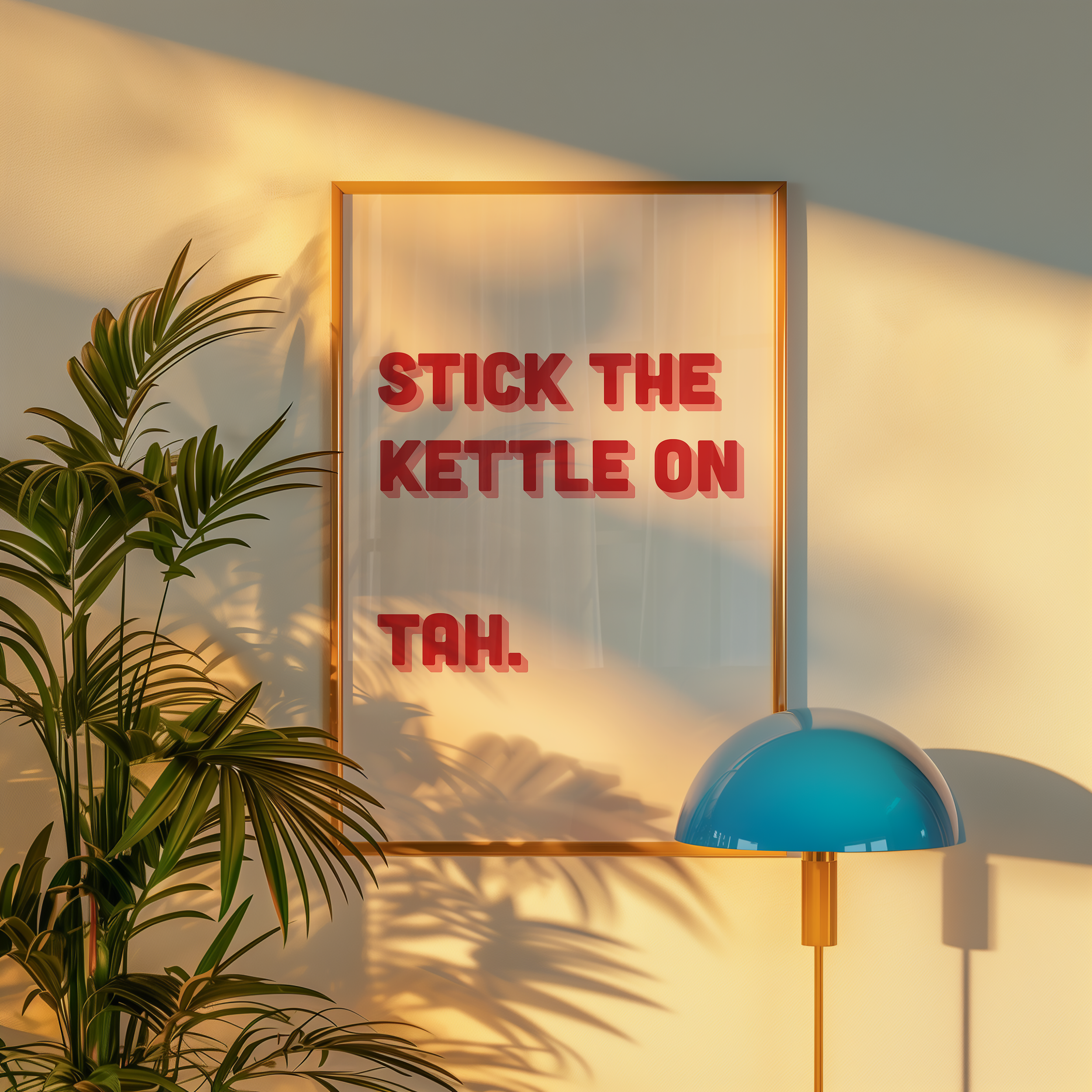 Funny quote print poster that says "Stick the Kettle On Tah" in two tone retro red and pink font. British humour poster