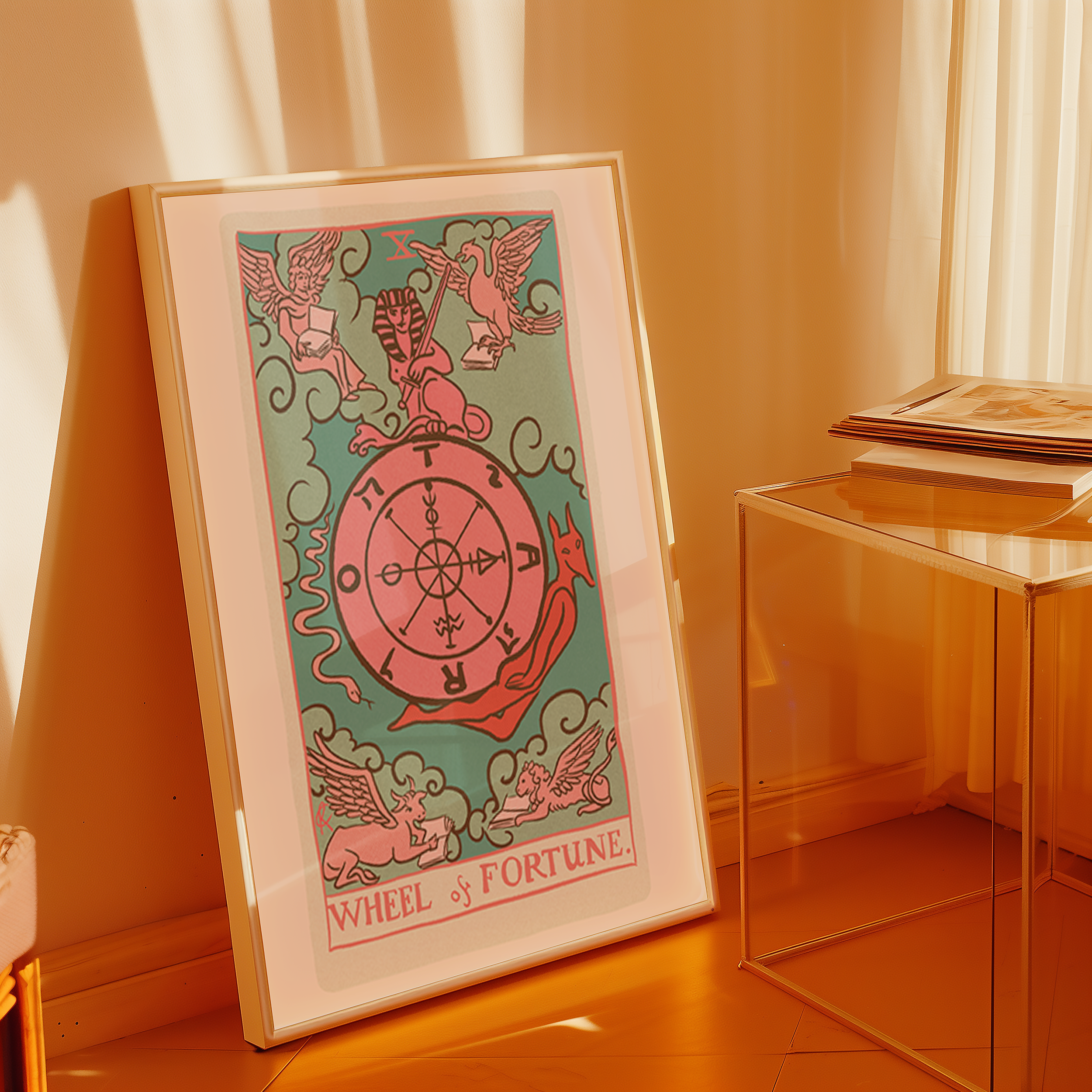 Wheel of Fortune tarot card print, feminine pink witchy spiritual decor poster print.
