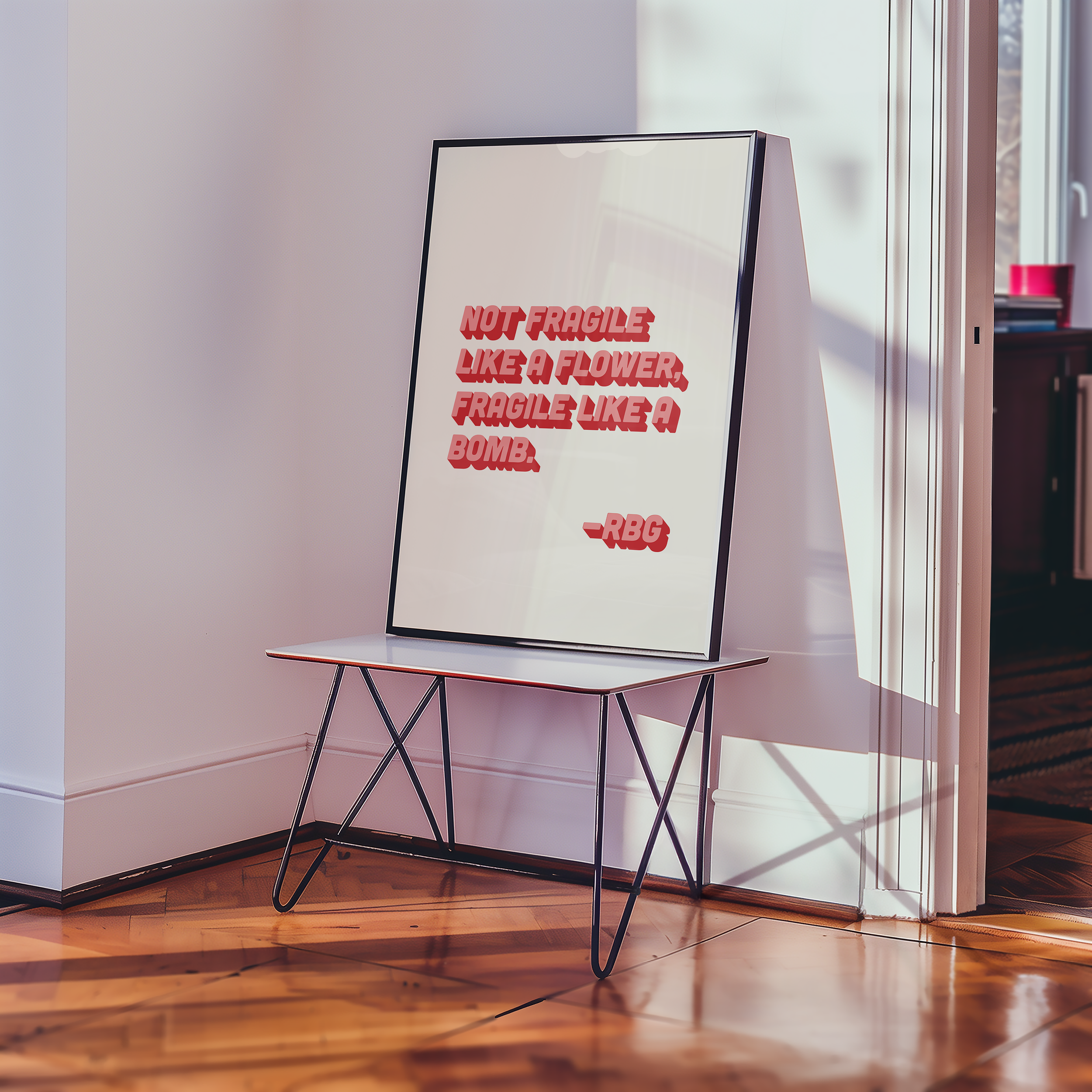 bold dopamine decor ruth bader ginsburg quote print poster "Not Fragile Like a Flower, Fragile Like a Bomb." Feminist print poster. Retro two tone font in pink and red
