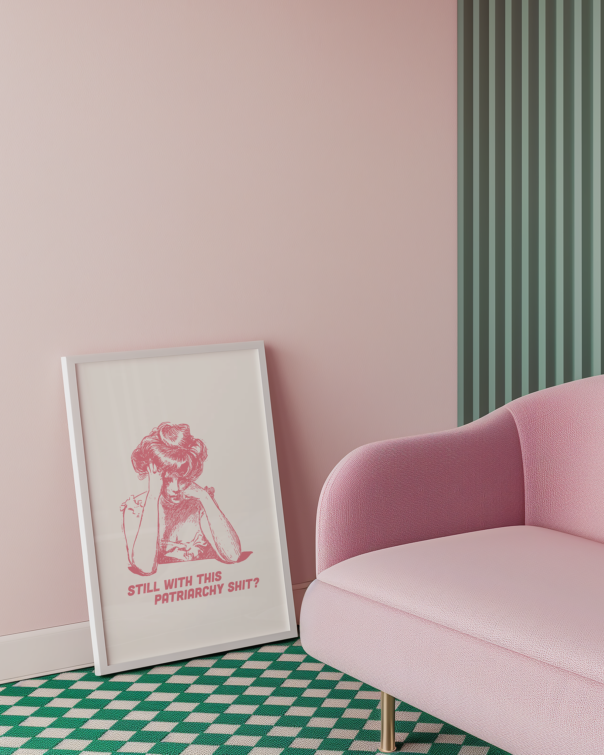 Pink and White print of a bored looking Edwardian woman that says "Still with this Patriarchy shit?" Funny feminist print. Witty sassy dopamine decor poster.