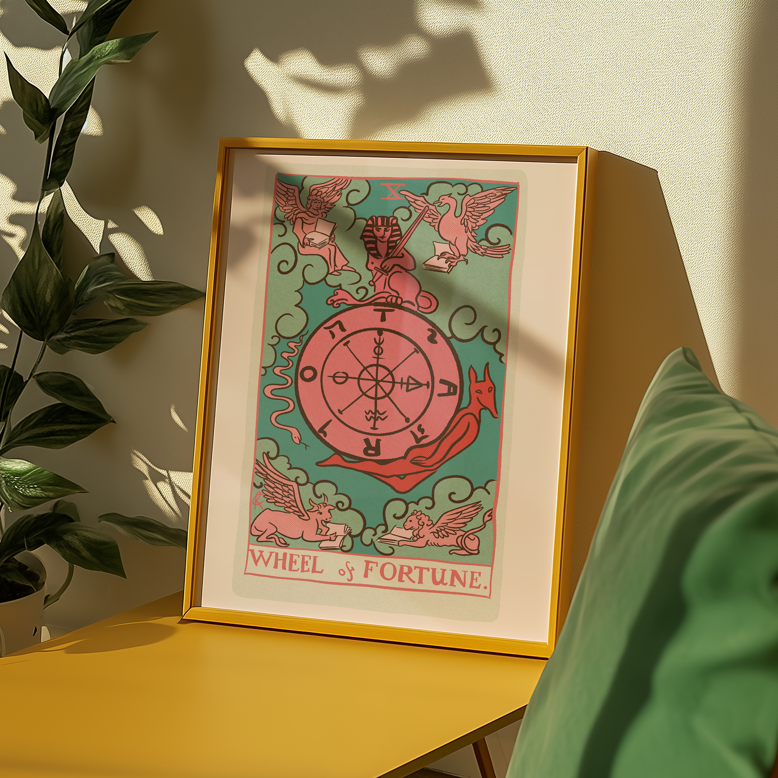 Wheel of Fortune tarot card print, feminine pink witchy spiritual decor poster print.