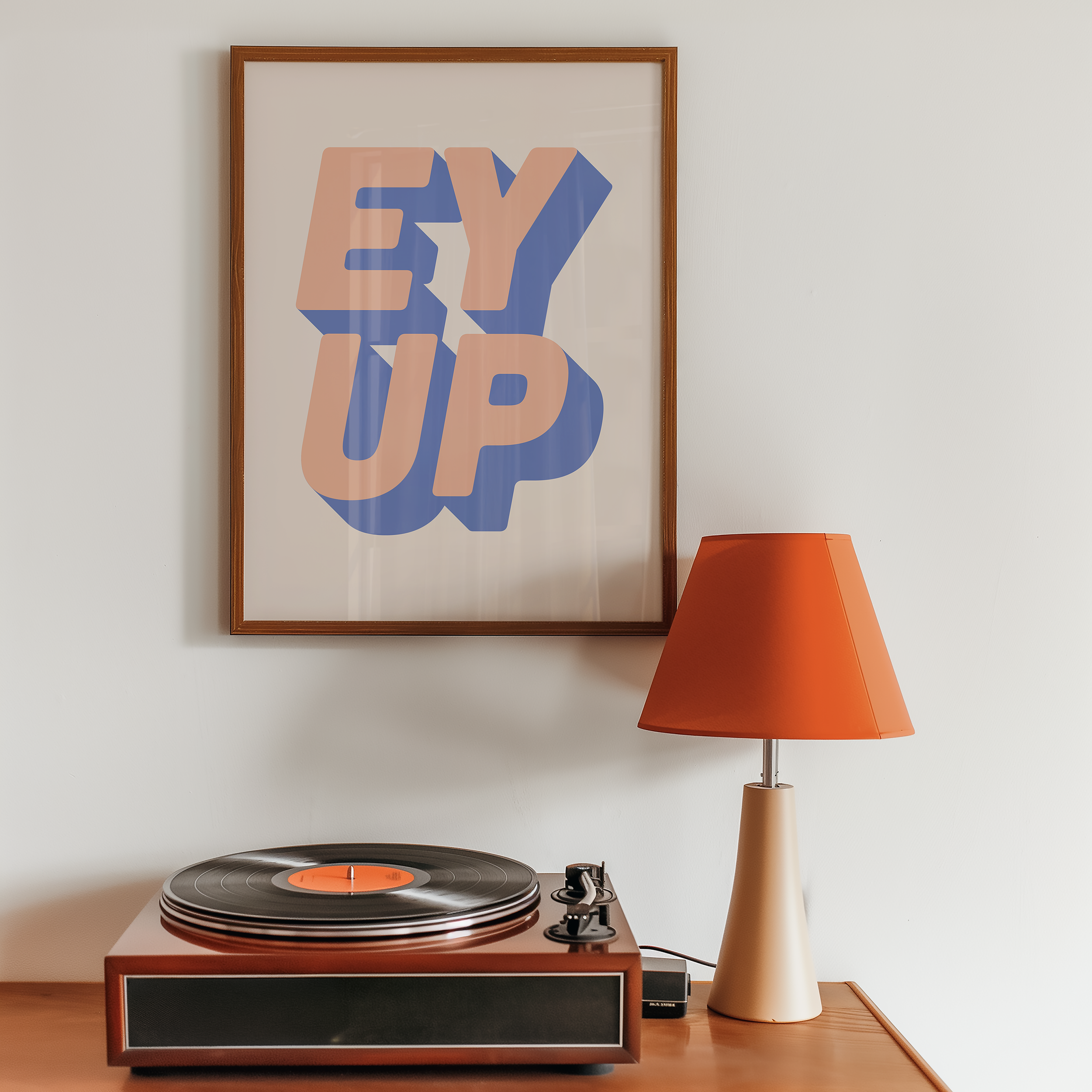 Bold quote print poster decor "Ey up". British quote. Yorkshire quote. Dopamine decor. Retro two tone font pink and blue