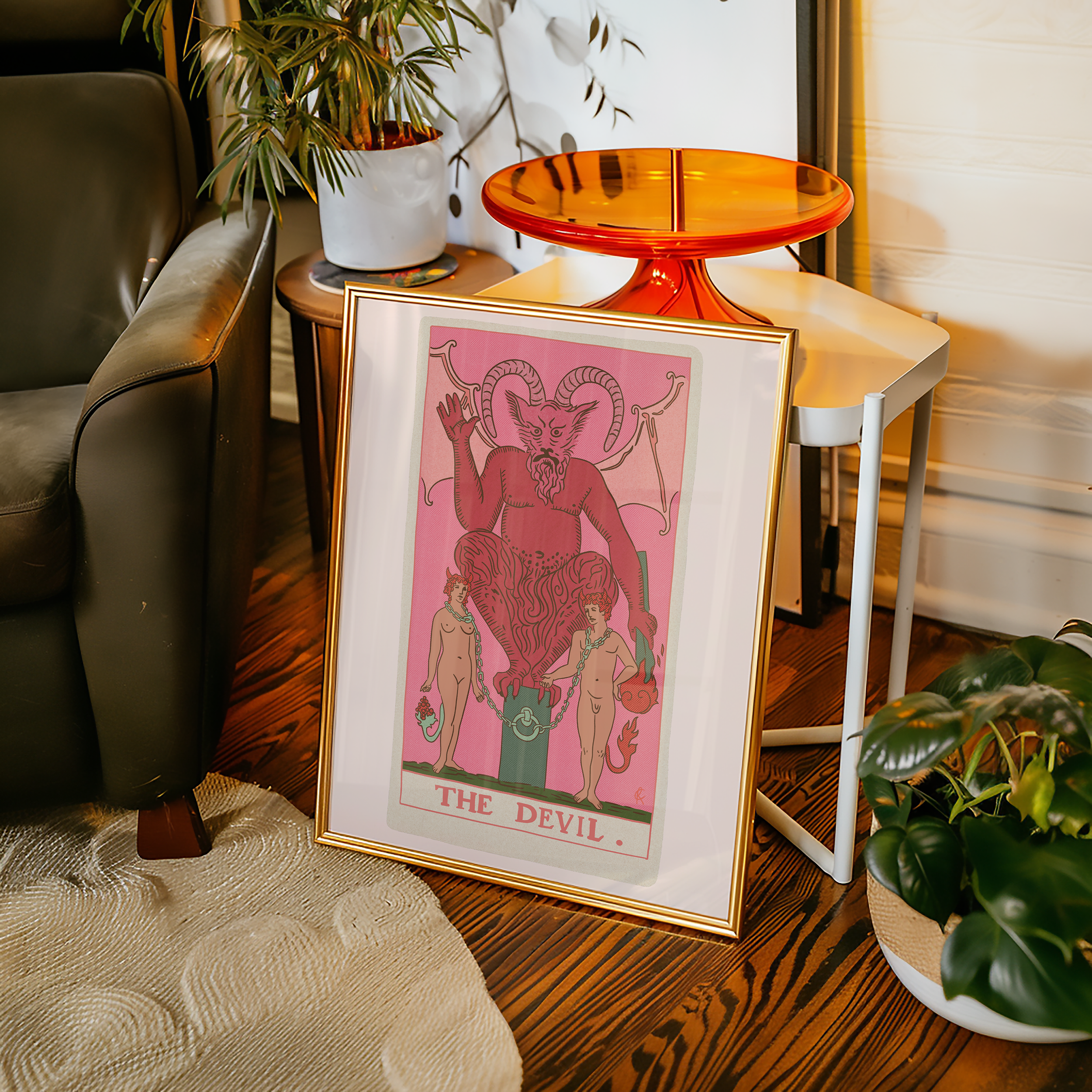 The Devil tarot card print, feminine pink witchy spiritual decor poster print.