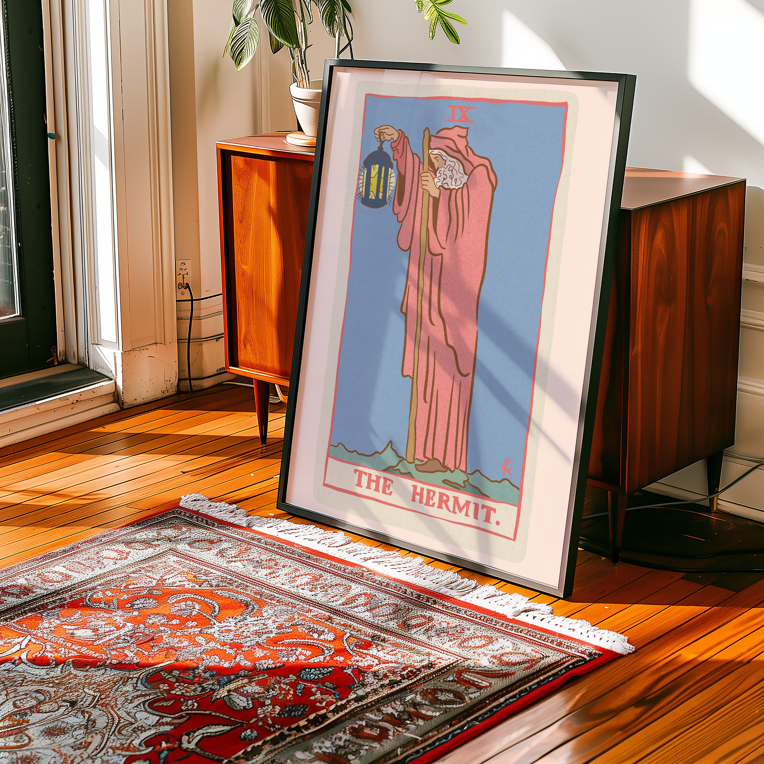 The Hermit tarot card print, feminine pink witchy spiritual decor poster print.