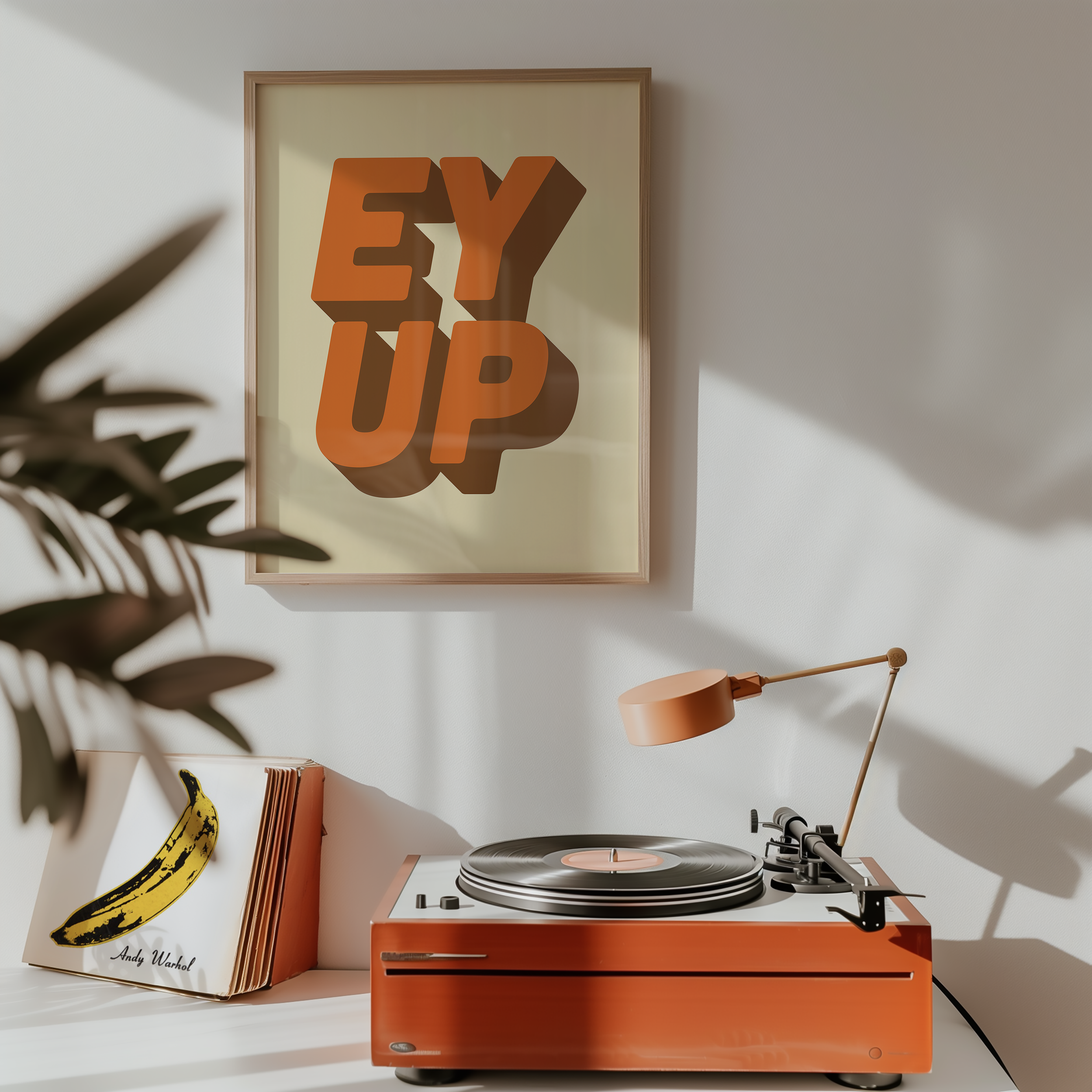 Bold quote print poster decor "Ey up". British quote. Yorkshire quote. Dopamine decor. Retro two tone font Orange and brown