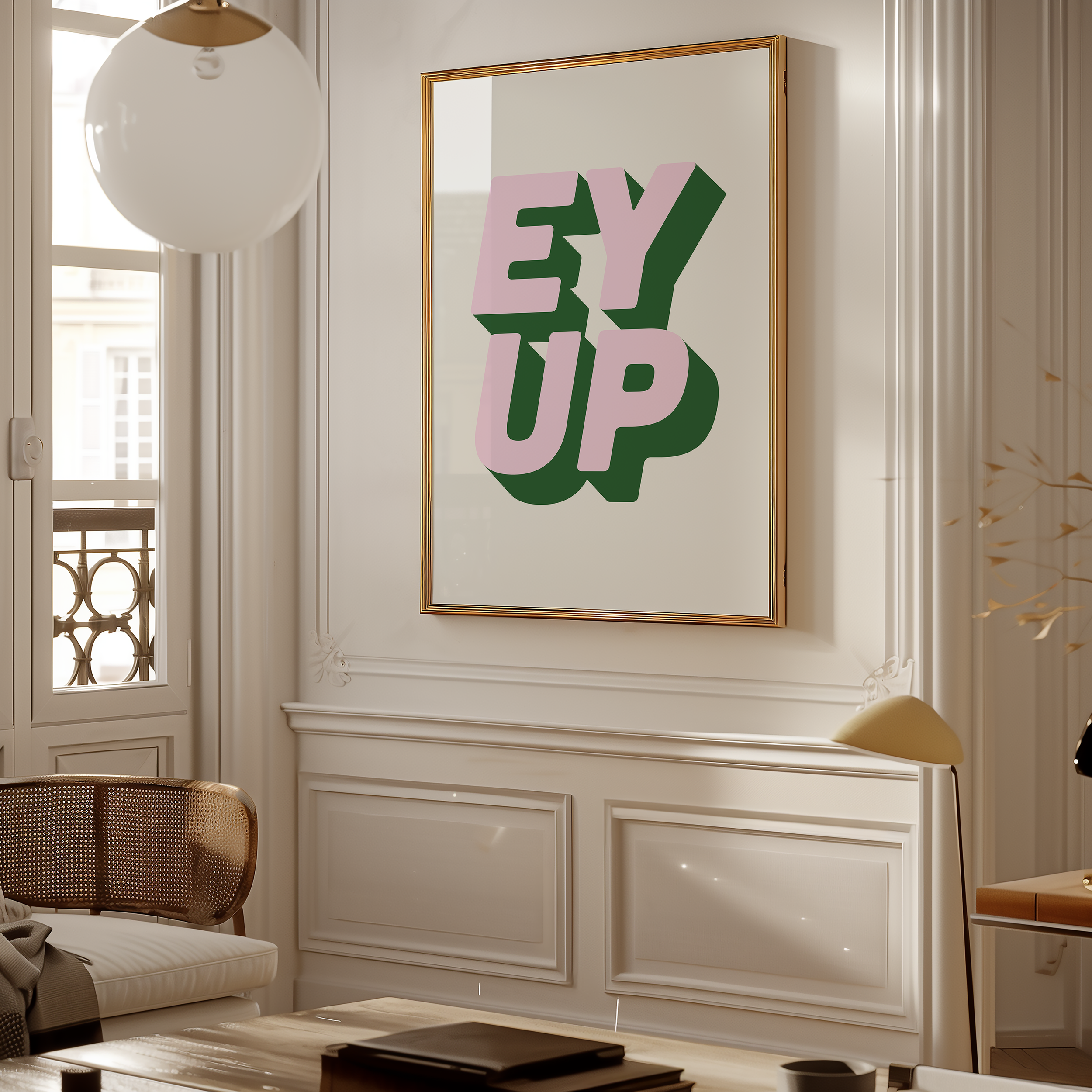 Bold quote print poster decor "Ey up". British quote. Yorkshire quote. Dopamine decor. Retro two tone font green and pink.