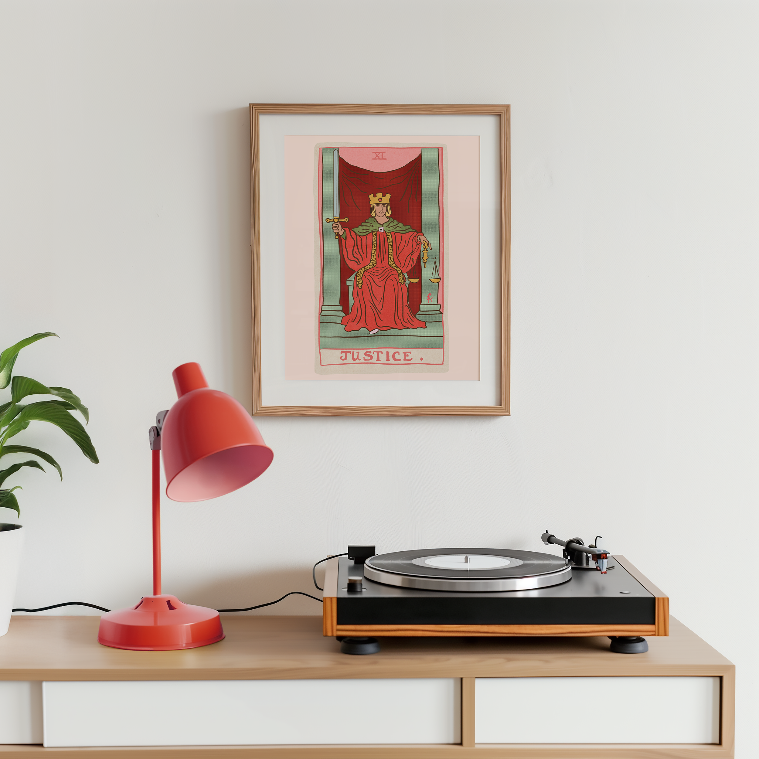 Justice tarot card print, feminine pink witchy spiritual decor poster print.