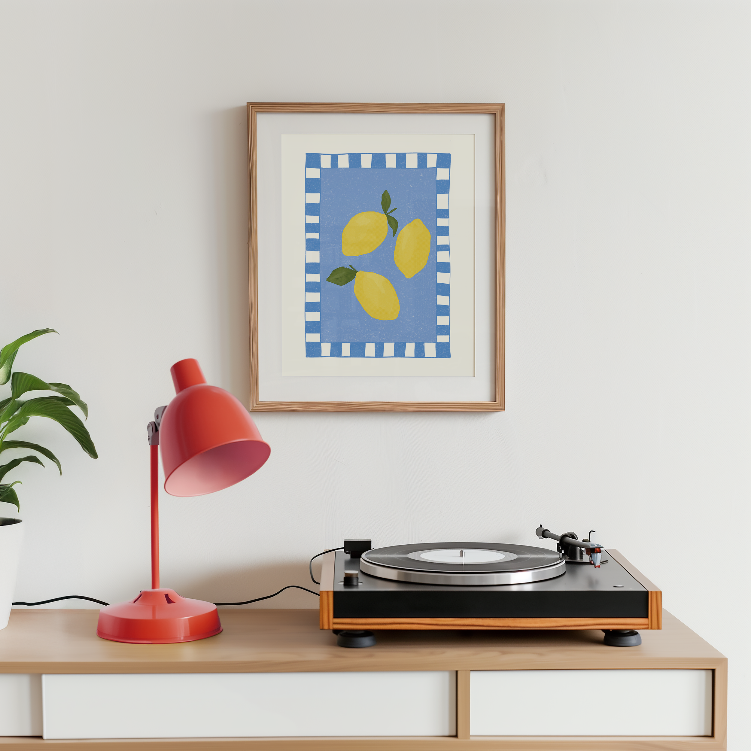 Bold dopamine decor print poster of lemons. kitchen poster. Yellow and blue. Mediterranean fee