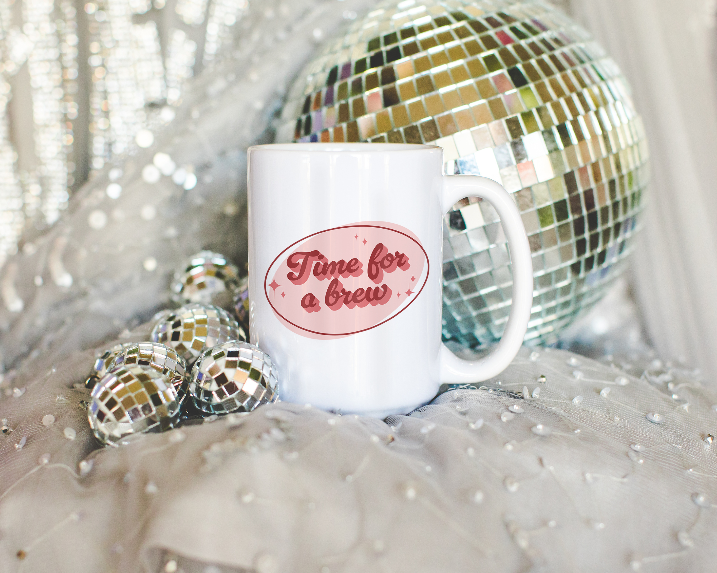 White coffee mug that says "time for a brew" in a retro vintage font that's pink. Available in 11oz and 15oz