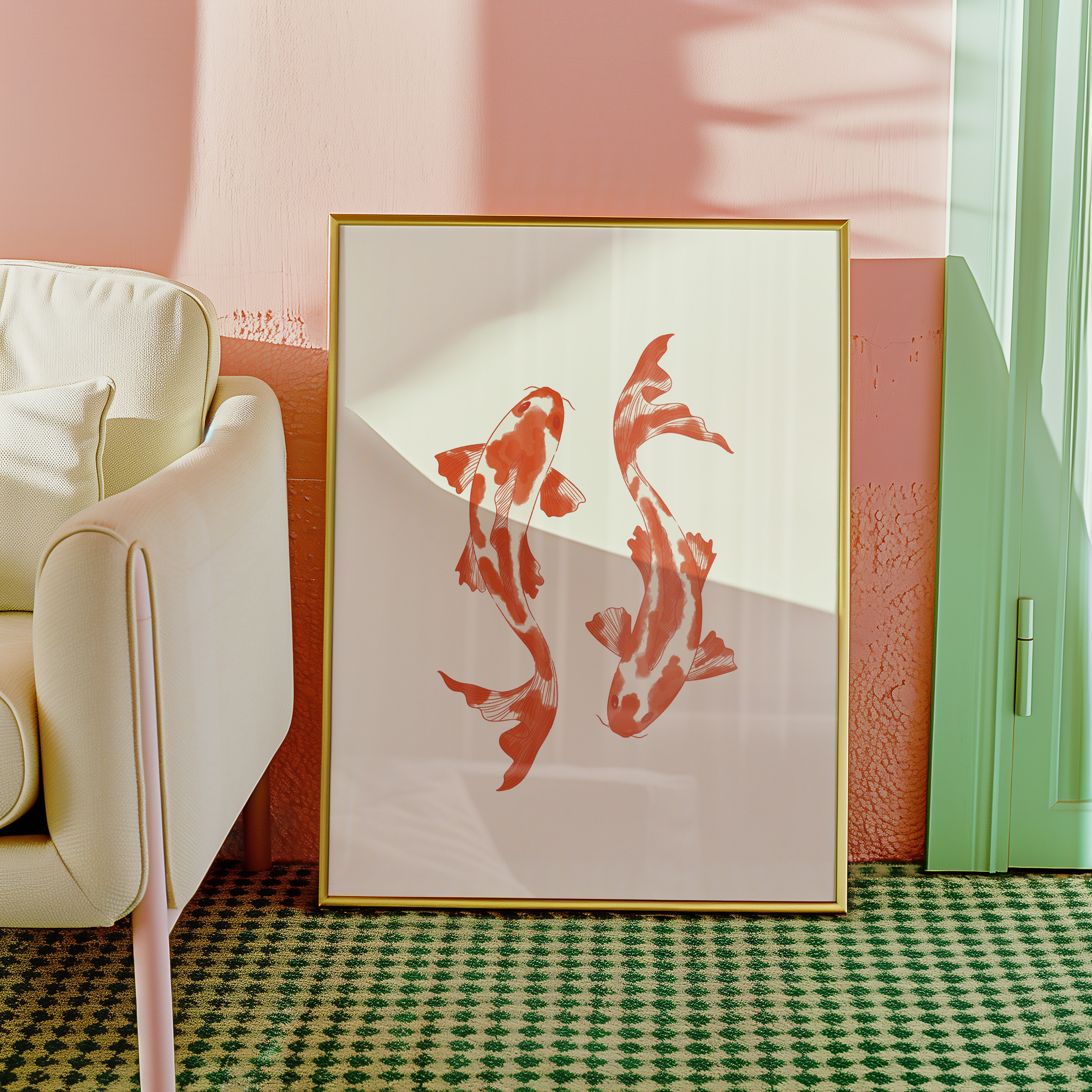 Bold dopamine decor print poster illustration of two koi fish. Retro style decor. japandi style. orange and cream