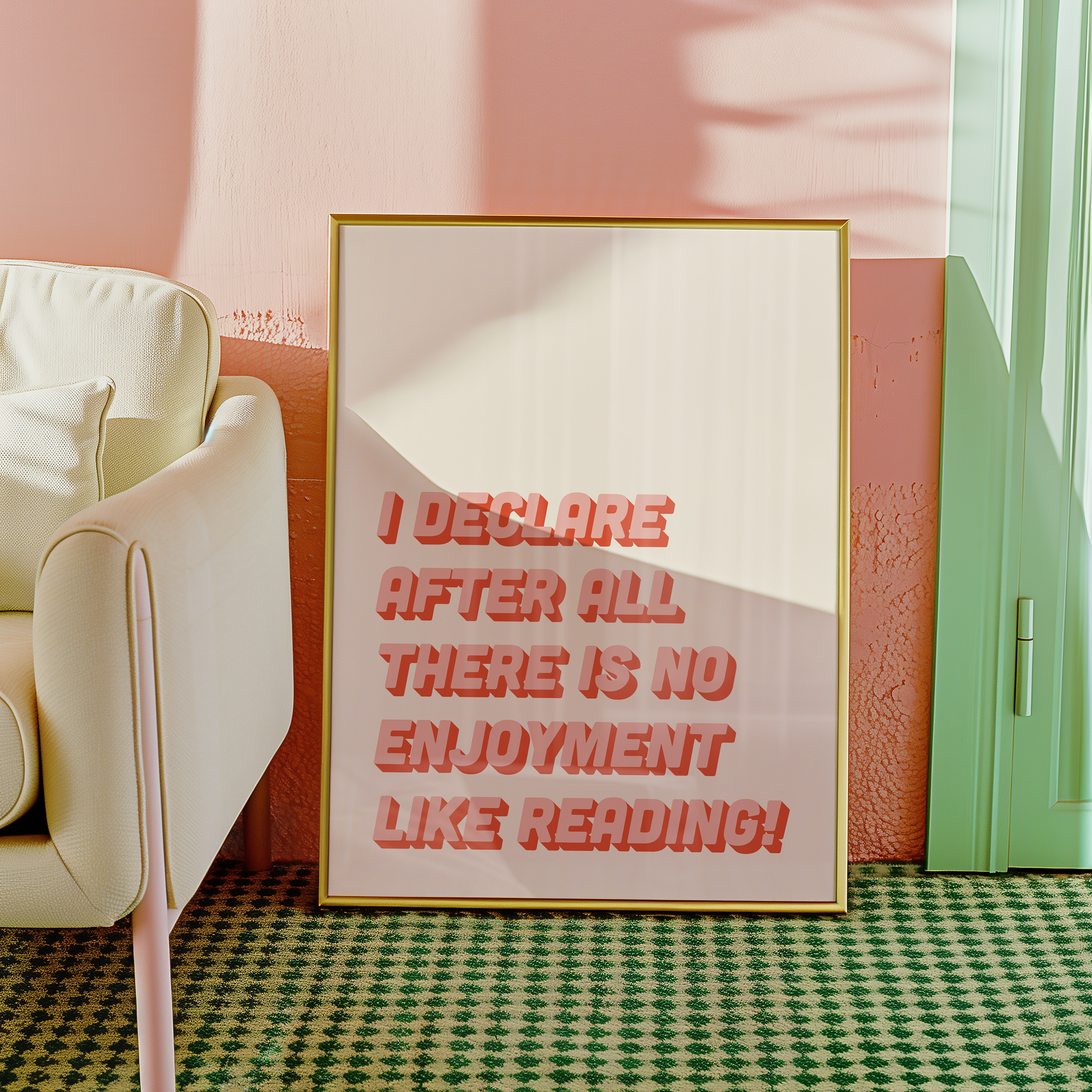Bold Dopamine decor print poster jane eyre quote “I declare after all there is no enjoyment like reading.” in two tone retro font pink and red