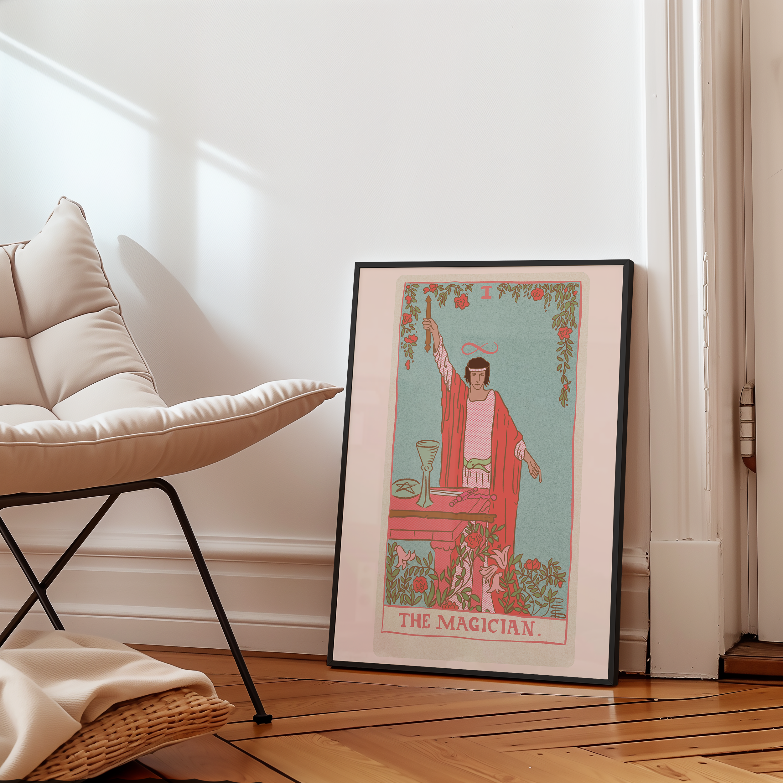 The Magician tarot card print, feminine pink witchy spiritual decor poster print.