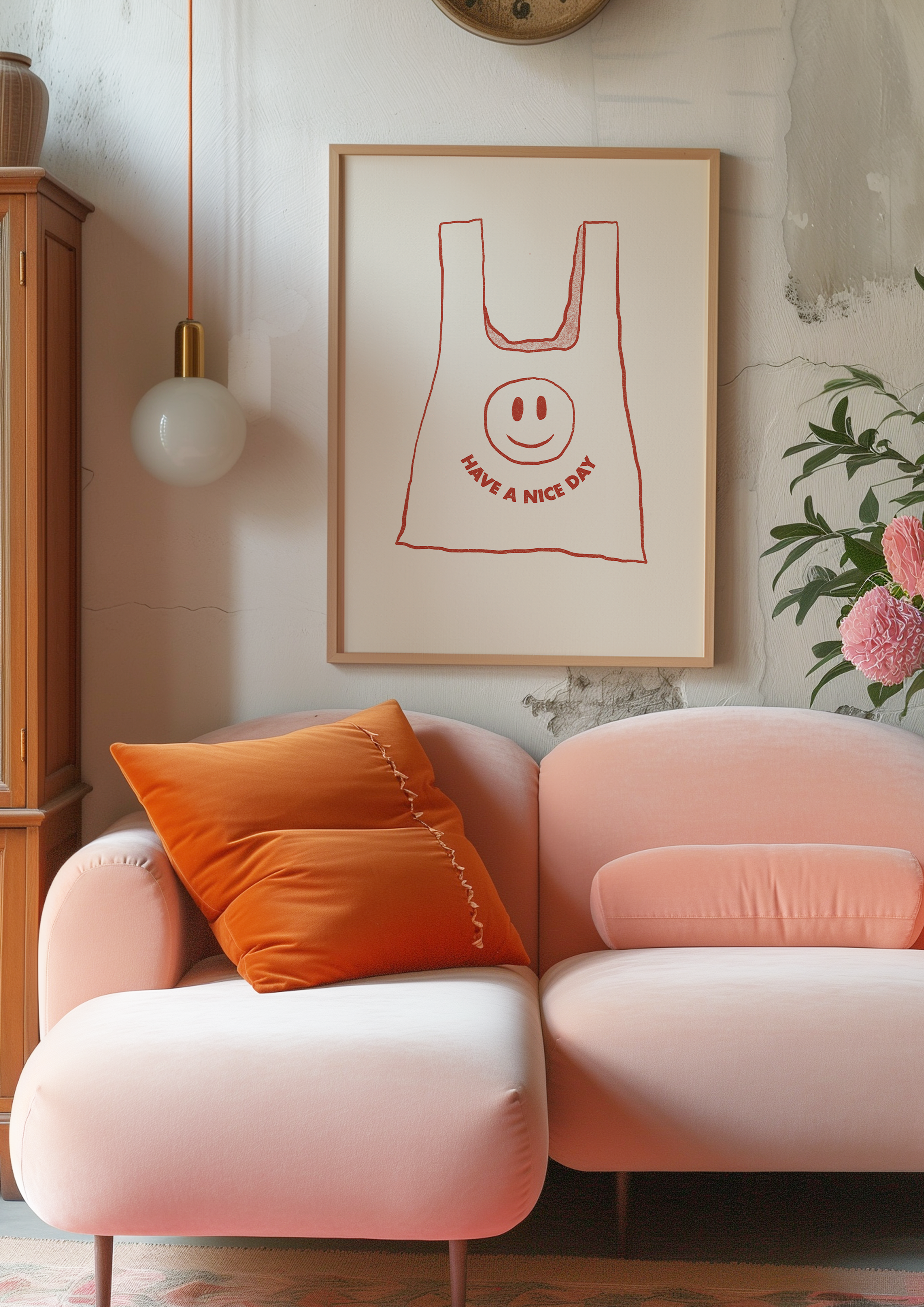 Bold dopamine decor print poster illustration of plastic bag that says have a nice day with a smiling face. Retro style decor. midcentury modern. red and cream.