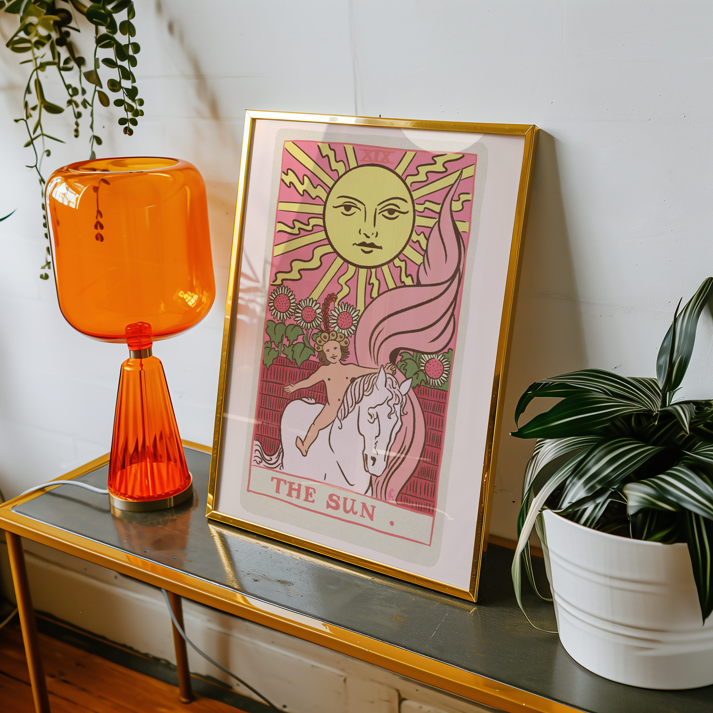 The Sun tarot card print, feminine pink witchy spiritual decor poster print.