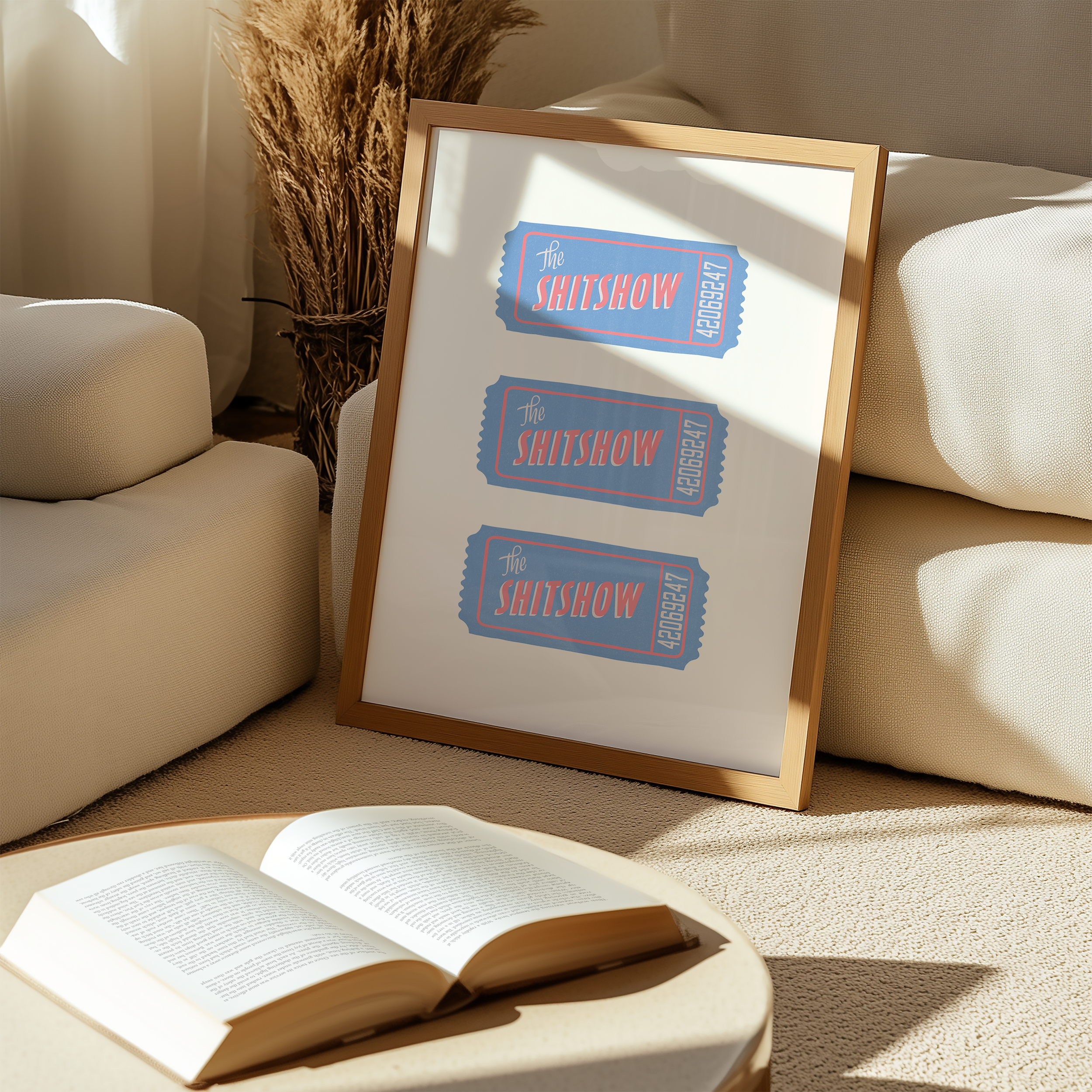 Bold dopamine decor print poster illustration of three vintage style tickets for the "Shitshow" in blue and pink. Vintage retro style poster print. Funny print poster.