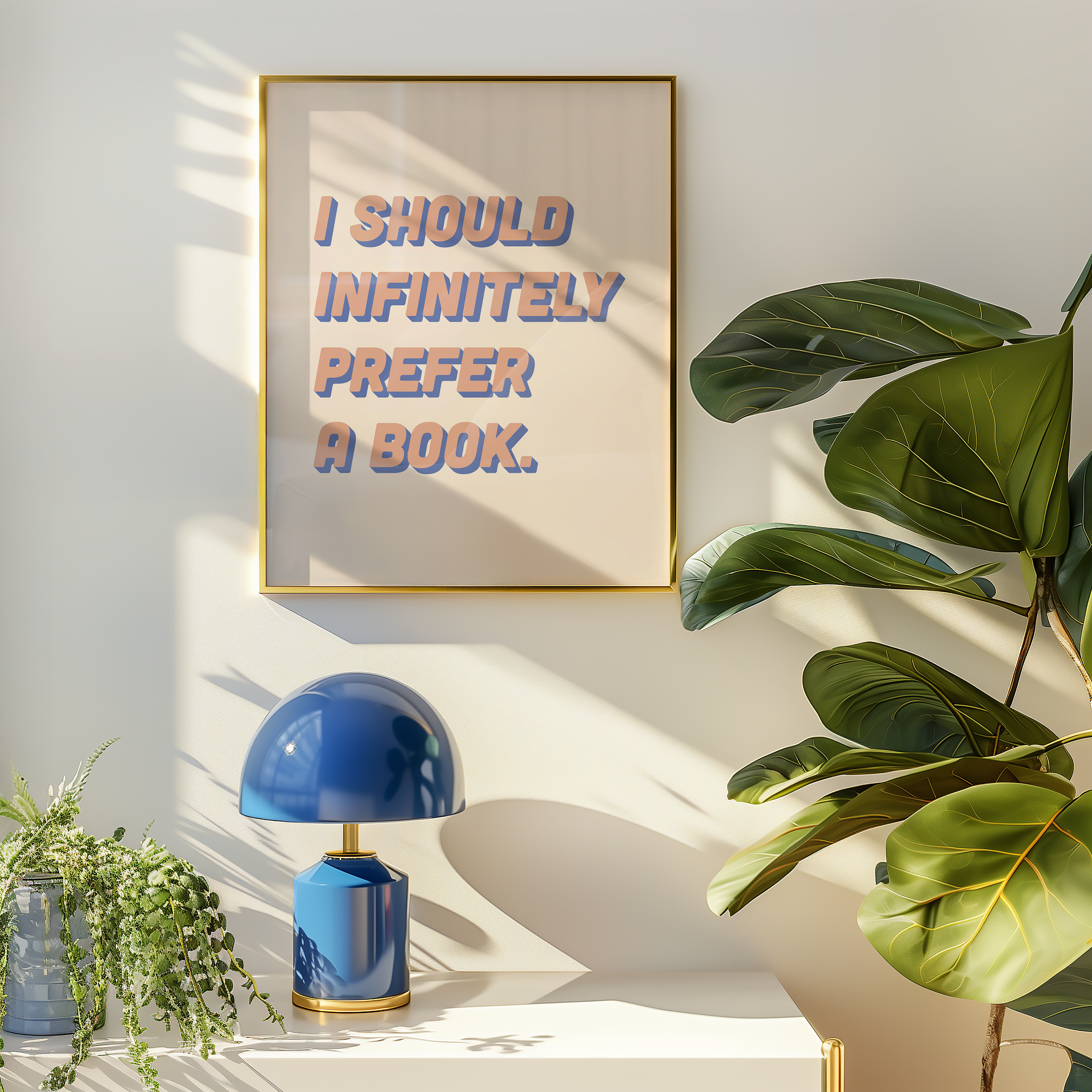 Bold dopamine decor quote print poster, “I should infinitely prefer a book.” Jane Eyre quote. retro two tone font pink and blue