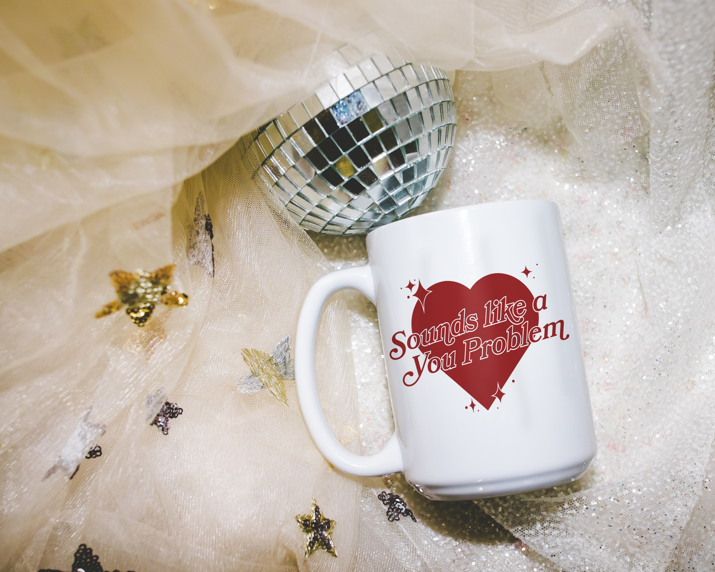 Sassy dopamine decor White coffee mug that says "Sounds like a you problem" in a retro vintage style heart that's red with a retro font.. Available in 11oz and 15oz