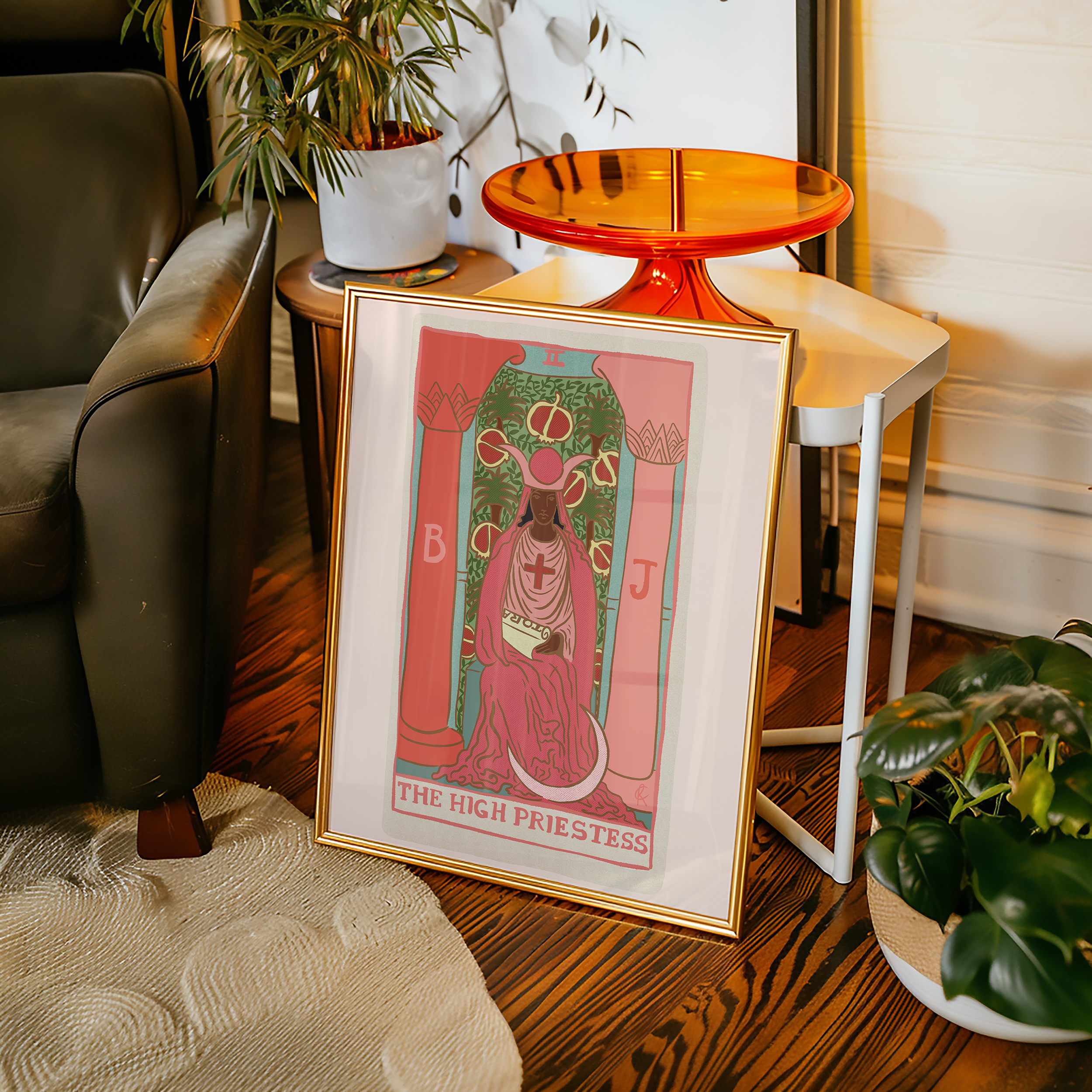 The High Priestess tarot card print, feminine pink witchy spiritual decor poster print.